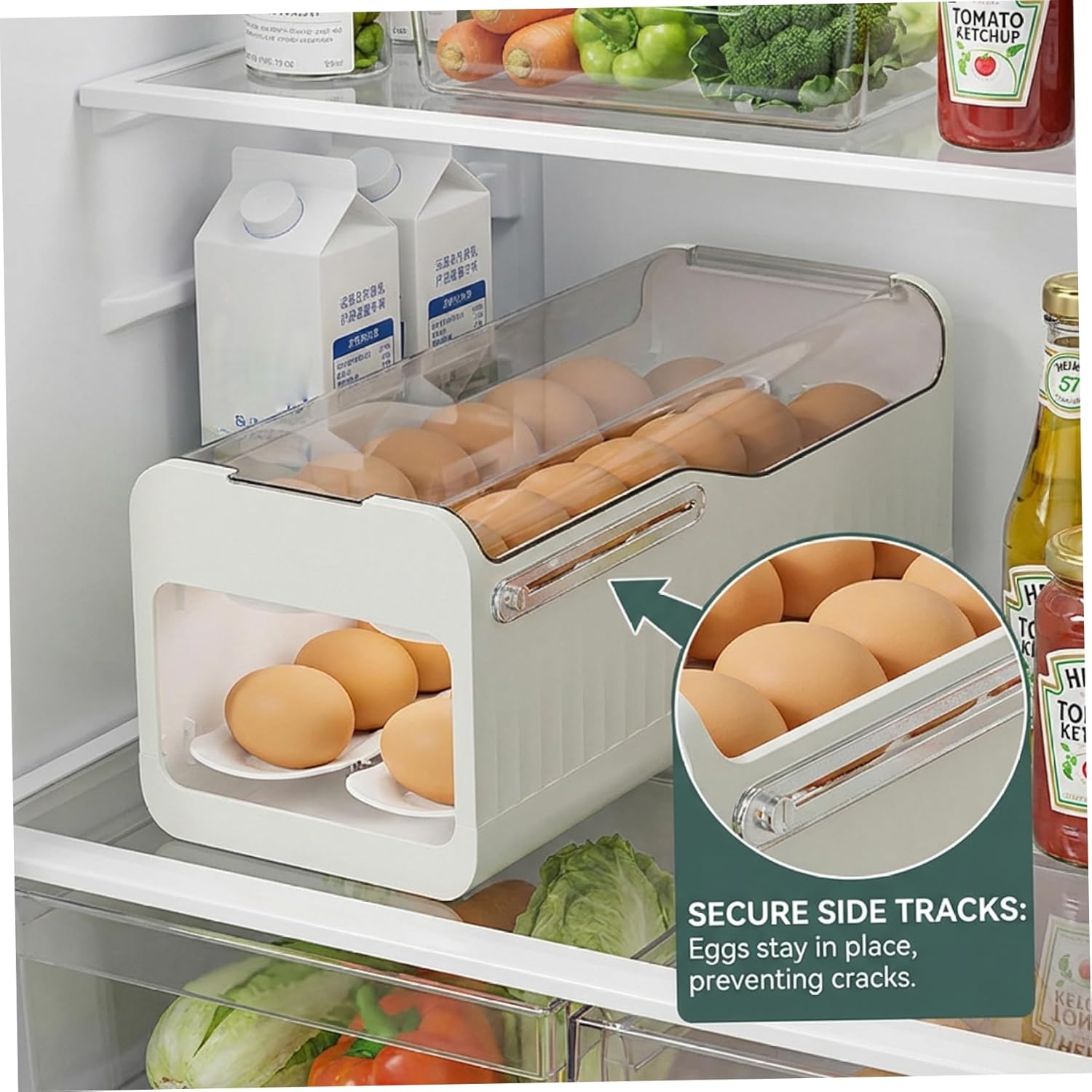 Egg Holder for Refrigerator Automatic Roller Fridge Egg Organizer, Stackable Plastic Eggs Storage Box and Kitchen Container