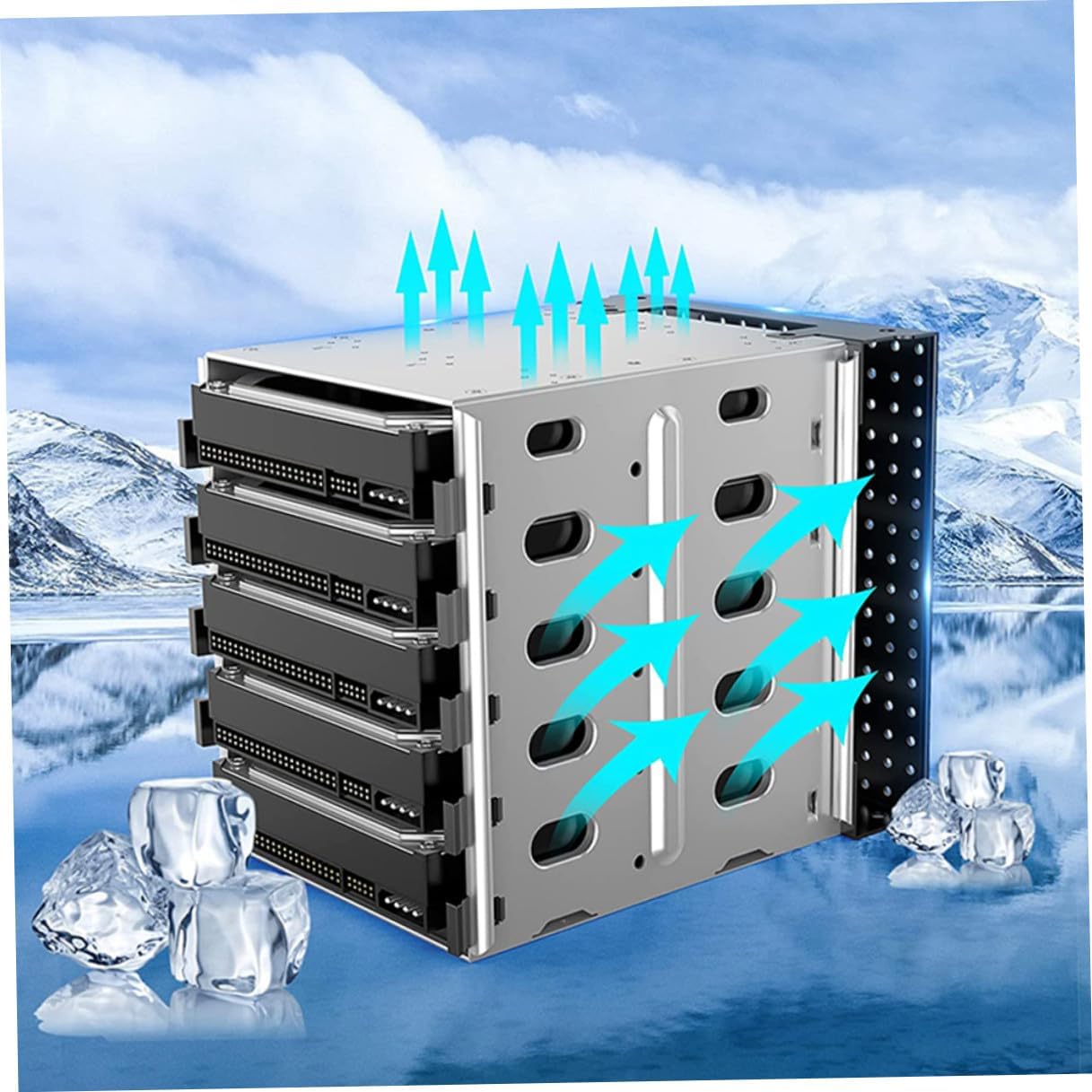 Zerodeko 5-inch Hard Drive Bracket with 5-Bay Rack and Cooling Fan, 5.25-inch Optical Drive Bay HDD Mounting Cage for Desktop Storage and Chia Hard Disk Accessories