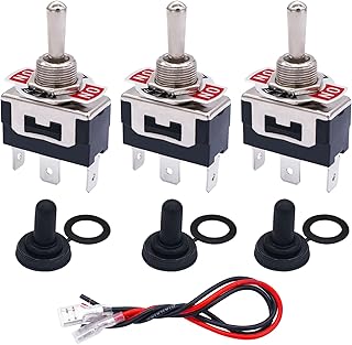 TWTADE 3 Pcs Latching Toggle Rocker Switches 3 Pin 3 Position ON/Off/ON SPDT Heavy Duty 16A 250VAC Spade Terminal Metal Switch with Waterproof Boat Cap + 6.3mm Terminal Wires TEN-1122MZX-B103
