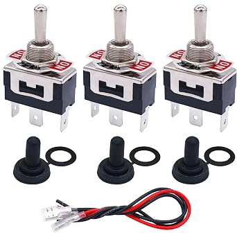 TWTADE 3 Pcs Latching Toggle Rocker Switches 3 Pin 3 Position ON/Off/ON SPDT Heavy Duty 16A 250VAC Spade Terminal Metal Switch with Waterproof Boat Cap + 6.3mm Terminal Wires TEN-1122MZX-B103