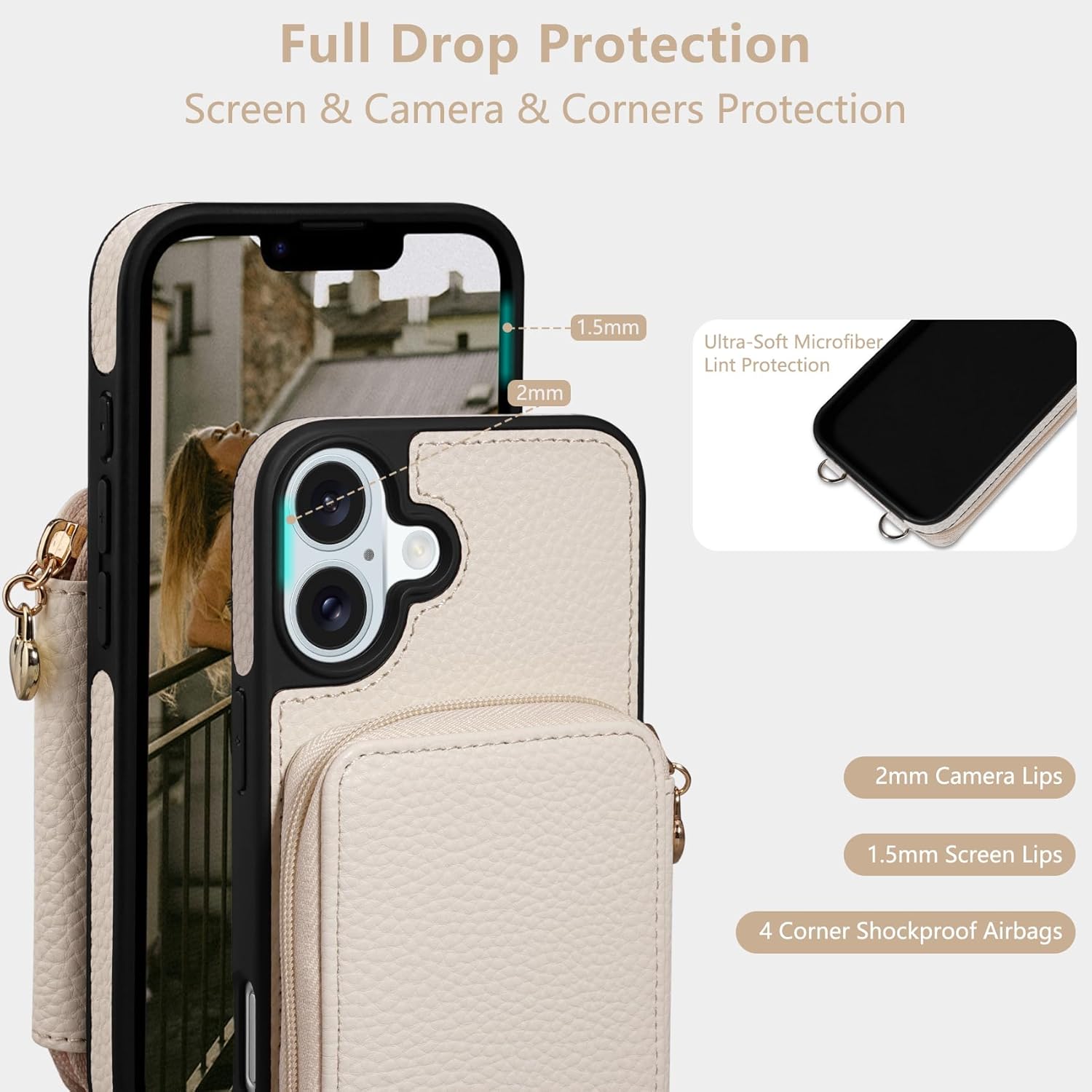 Keallce Case for iPhone 16 6.1'' Case Wallet, Crossbody Zipper Purse with RFID Blocking Card Slots Kickstand, Detachable Lanyard & Handstrap Flip Folio Leather iPhone Cover for iPhone 16, Beige - Image 5