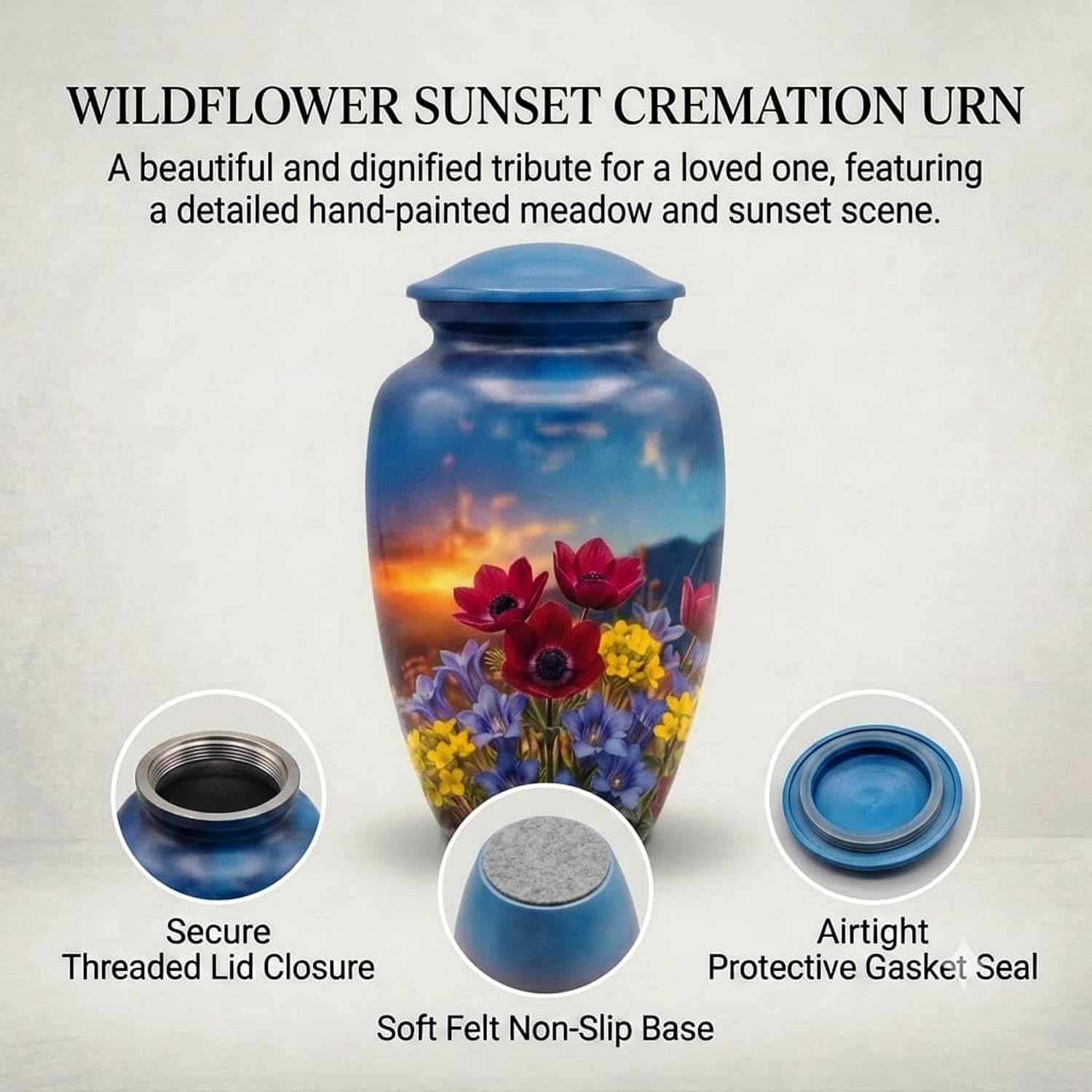 Adult Cremation Urn for Human Ashes, Decorative Floral Metal Funeral Urn, Sunset Landscape Design, Secure Lid, Elegant Memorial for Men and Women (10 inch)