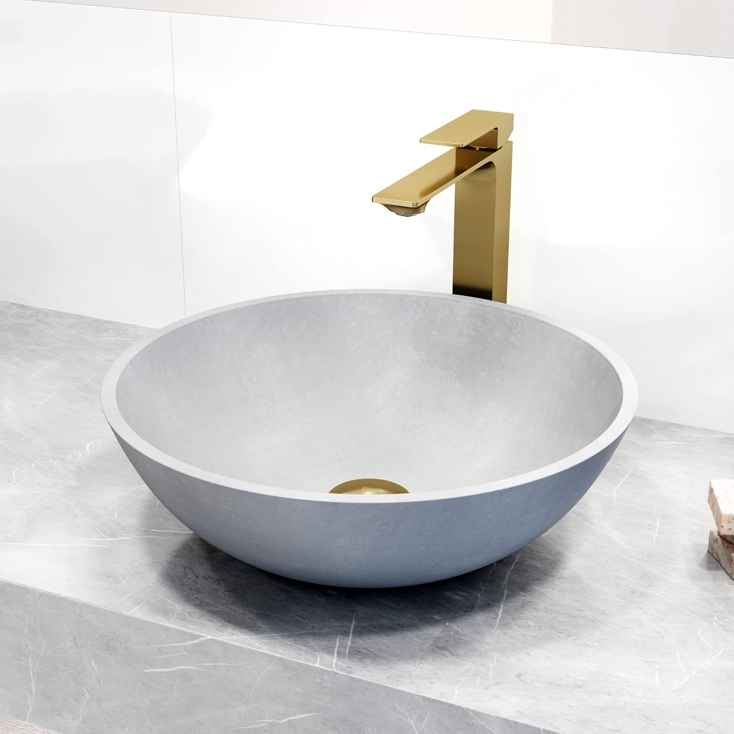 VIGO 16" L -16" W -11" H Dunn Concrete Round Vessel Sink Set in Gold with Faucet and Drain -VGT2087