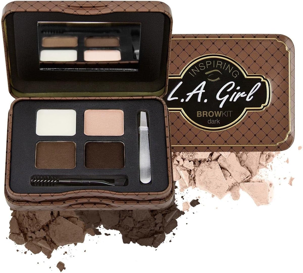 Kit para cejas L.A. Girl Inspiring, oscuro y definido (oscuro), cera para cejas 0.035 oz., polvo para cejas 0.15 oz., incluye pinzas y cepillo de doble punta con carrete