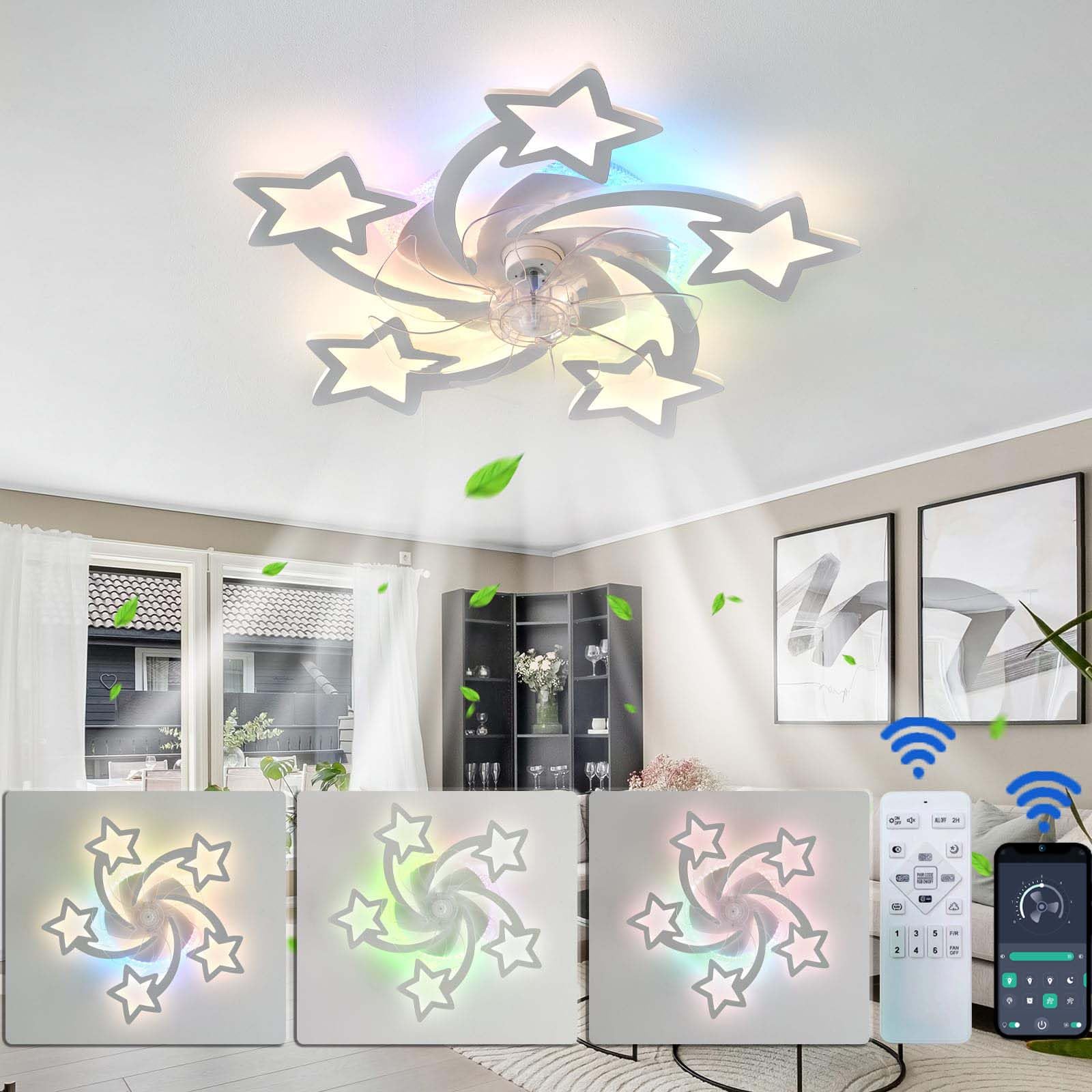 Ventilador De Techo Con Luz Silencioso Blanco Motor DC 30W LED RGB 100W Con Control Remoto Reversible Lampara Ventilador Techo 6 Velocidades Para Niños Dormitorio Salon Con Temporizador