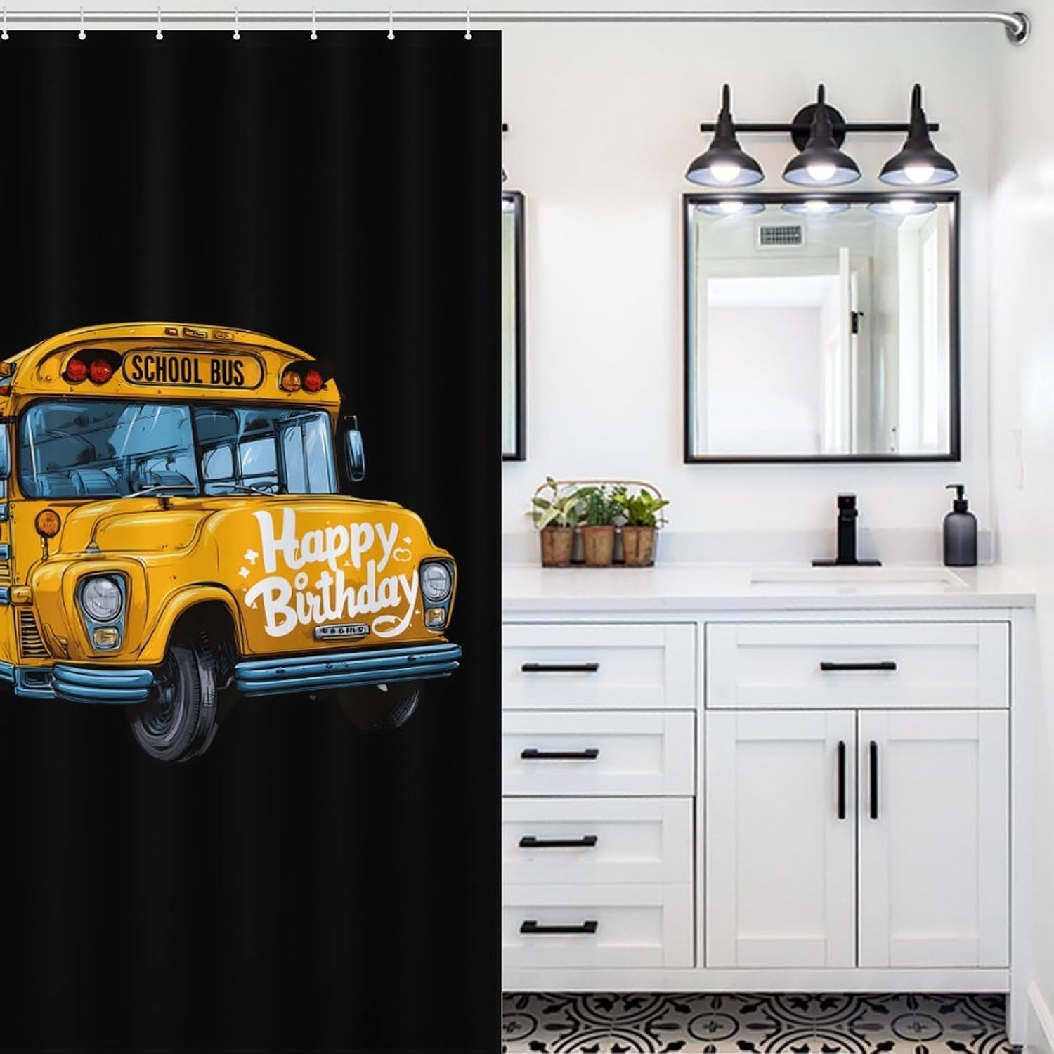 School Bus Happy Birthday Shower Curtain 46.85x70.87Inch（119x180cm） Polyester Bath Curtain Shower Curtains Printed Decorative