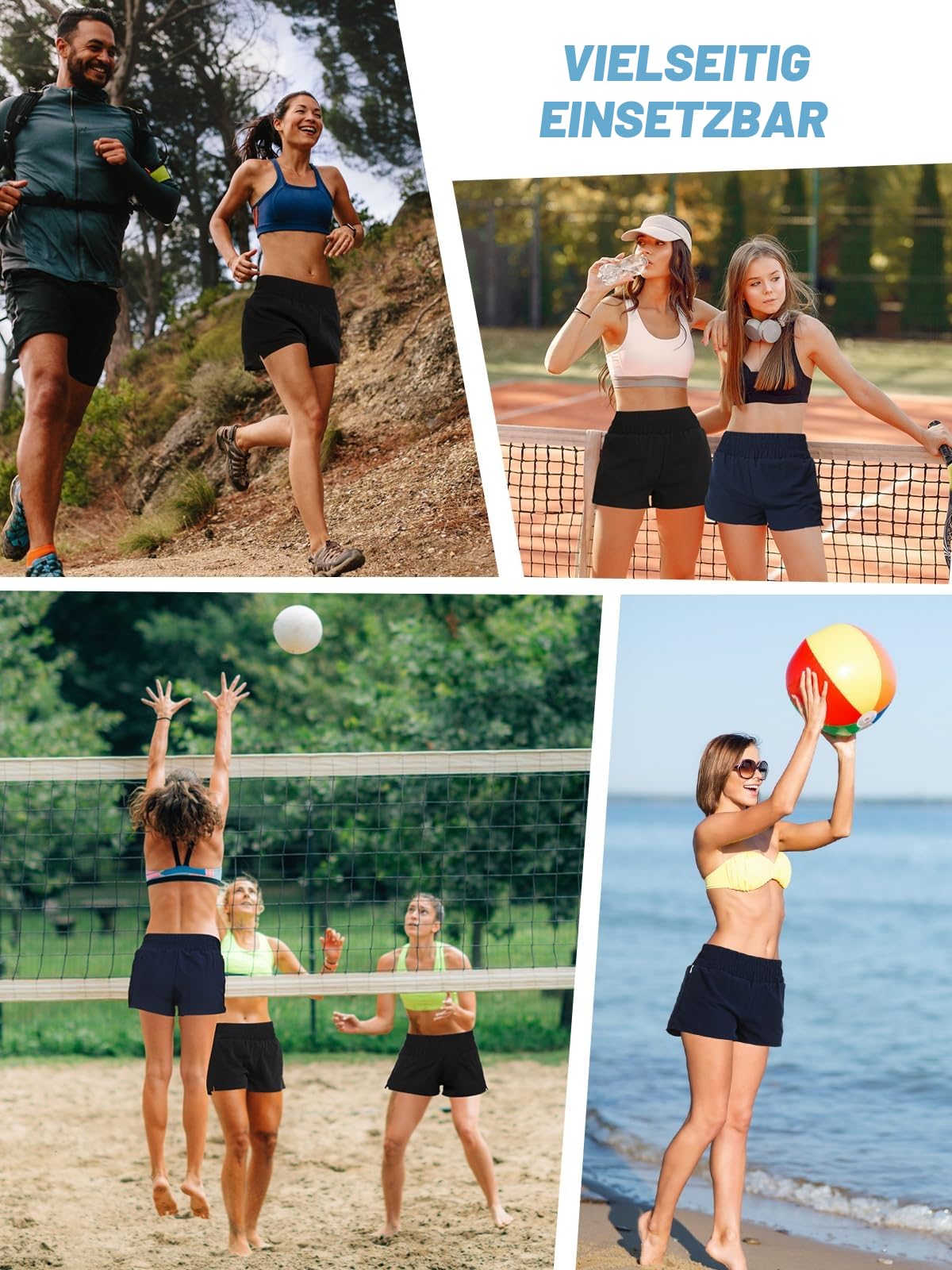 Soudittur Badeshorts Damen Badehose Hohe Taille Schnell Trocknende Boardshorts Wassersport 2 in 1 Laufhose Kurz Sporthose mit Reißverschlusstasche