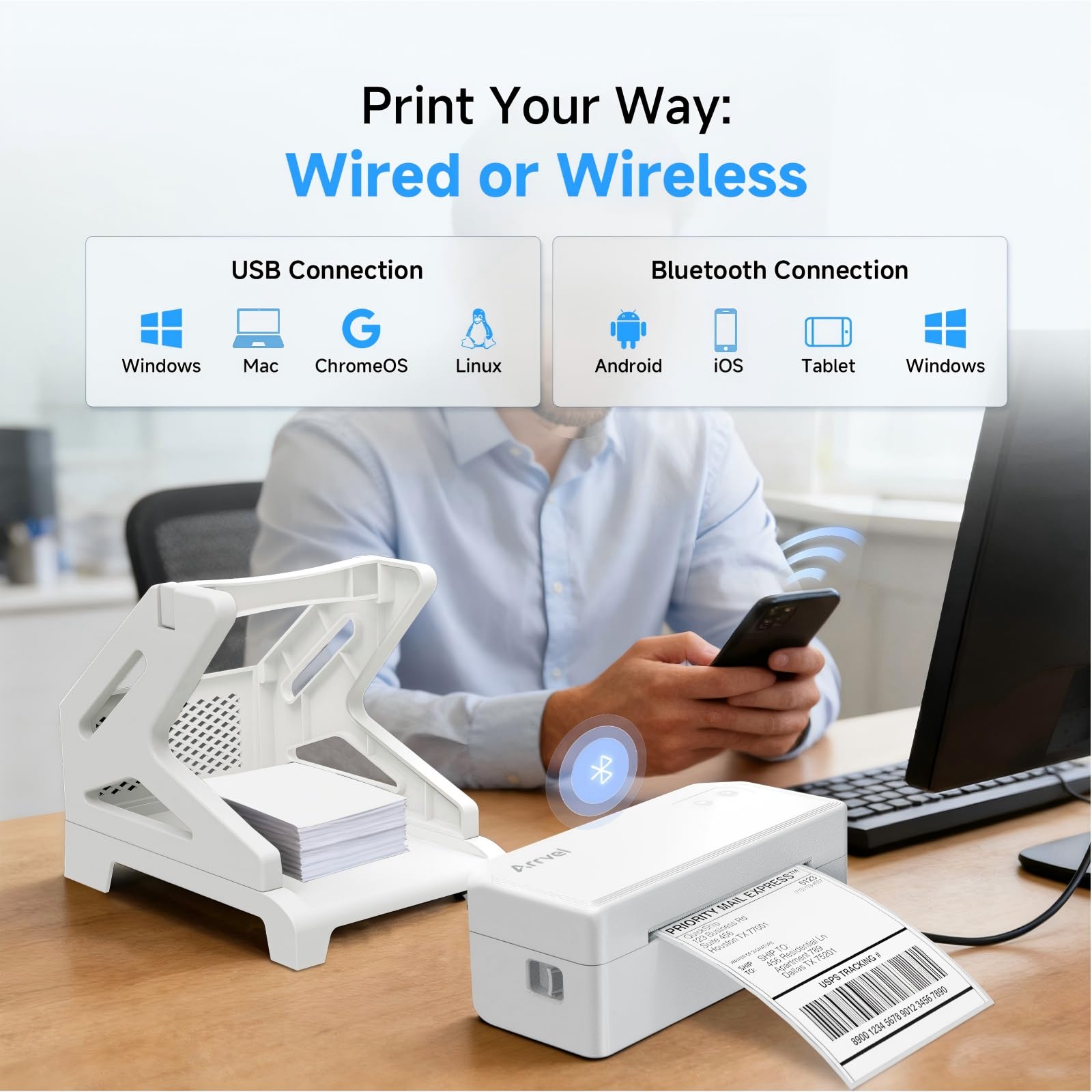 Stampante termica per etichette Bluetooth con supporto, stampante per etichette di spedizione wireless 4x6 per piccole imprese, supporta iPhone, Android, Windows e Mac (bianco)