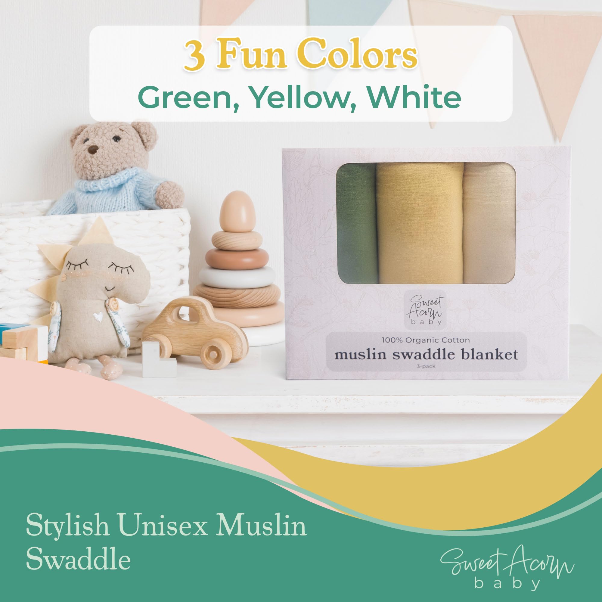 Manta de muselina para envolver – Manta de muselina de algodón suave para recién nacidos, bebés y niños pequeños, comodidad para todas las estaciones, esencial para bebés, verde, amarillo