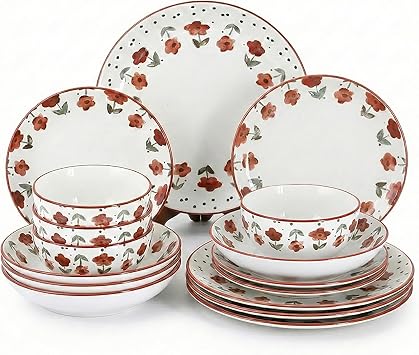 16-Piece Dinnerware Set, Service for 4, Durable Porcelain Plates, Dishes and Double Bowls Glossy White with Wildflower Patterns Hand Painted Color Rims, Matte Pad Printing Red Floral