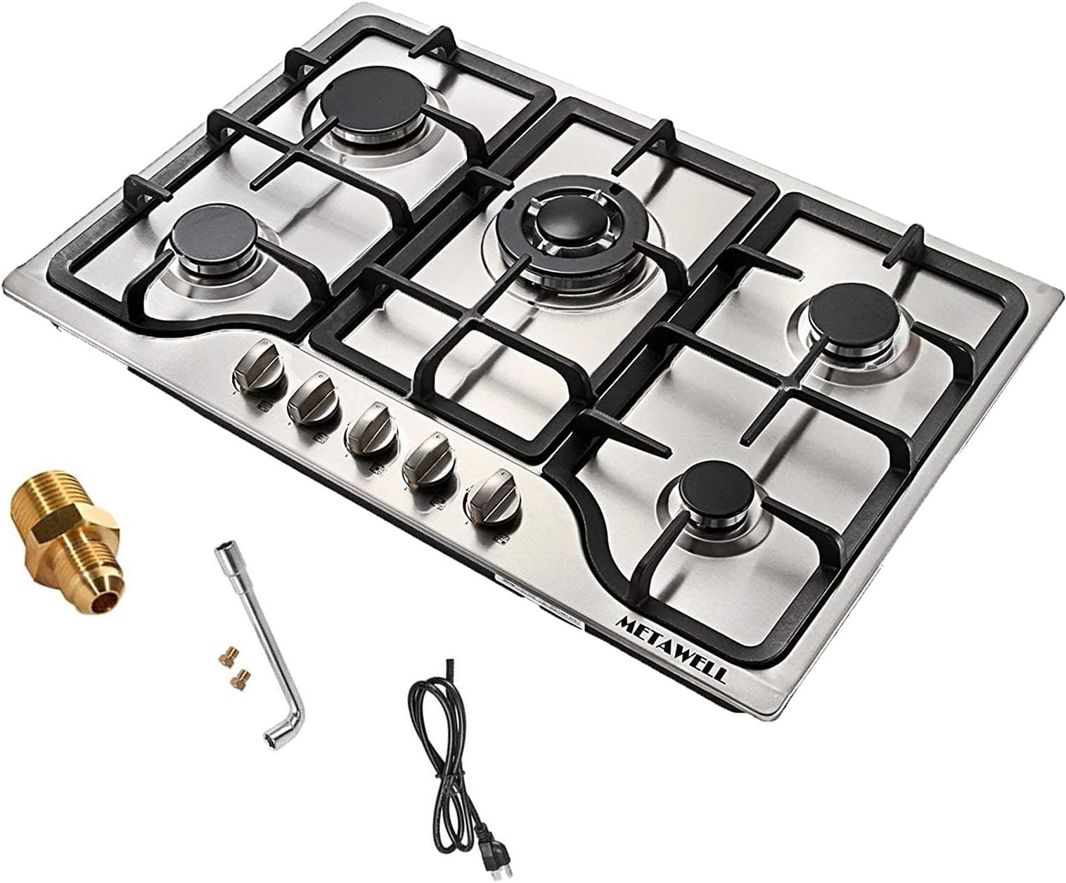 30 Inch Gas Cooktop, 5 Burners Gas Stove, Gas Hob Stovetop 304 Stainless Steel Cooktop Cast Iron Grates Built-in Gas Stove Top LPG/NG Gas Cooktop