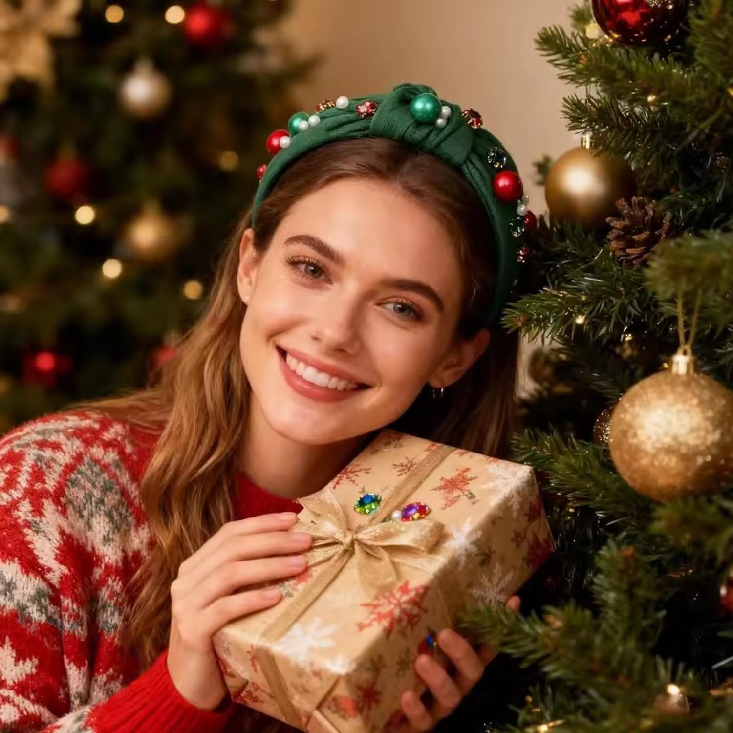 2Pcs Christmas Headband for Women, Pearl Knotted Headband Xmas Red Green Pearls Rhinestone Crystal Jeweled Hairband Fashion Ladies Wide Top Knot Hair Bands Headpiece Accessories Holiday Outfits Gifts - Image 5