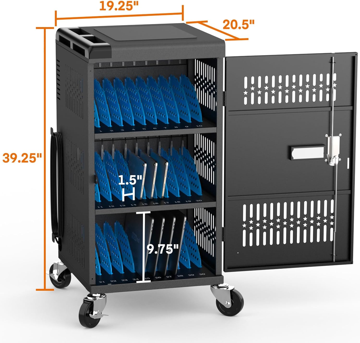 Fully Assembled 30 Bay Mobile Charging and Storage Cart for iPad, Chromebook and Laptop Computer with Keypad Lock,Up to 14-inch Screen Size,Surge Protection,Front & Back Access Locking Cabinet (Black)