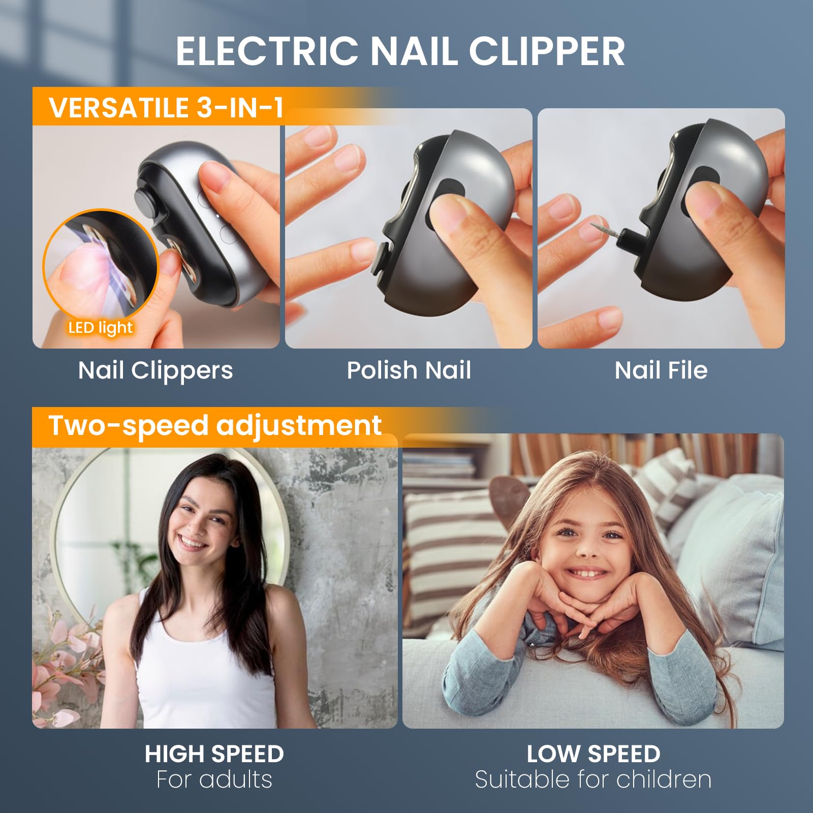 Cortaúñas eléctrico: cortaúñas automático 3 en 1, pulidor y almacenamiento de clips con luz LED, recargable por USB y 2 velocidades de marchas, cortador automático de uñas de seguridad para bebés
