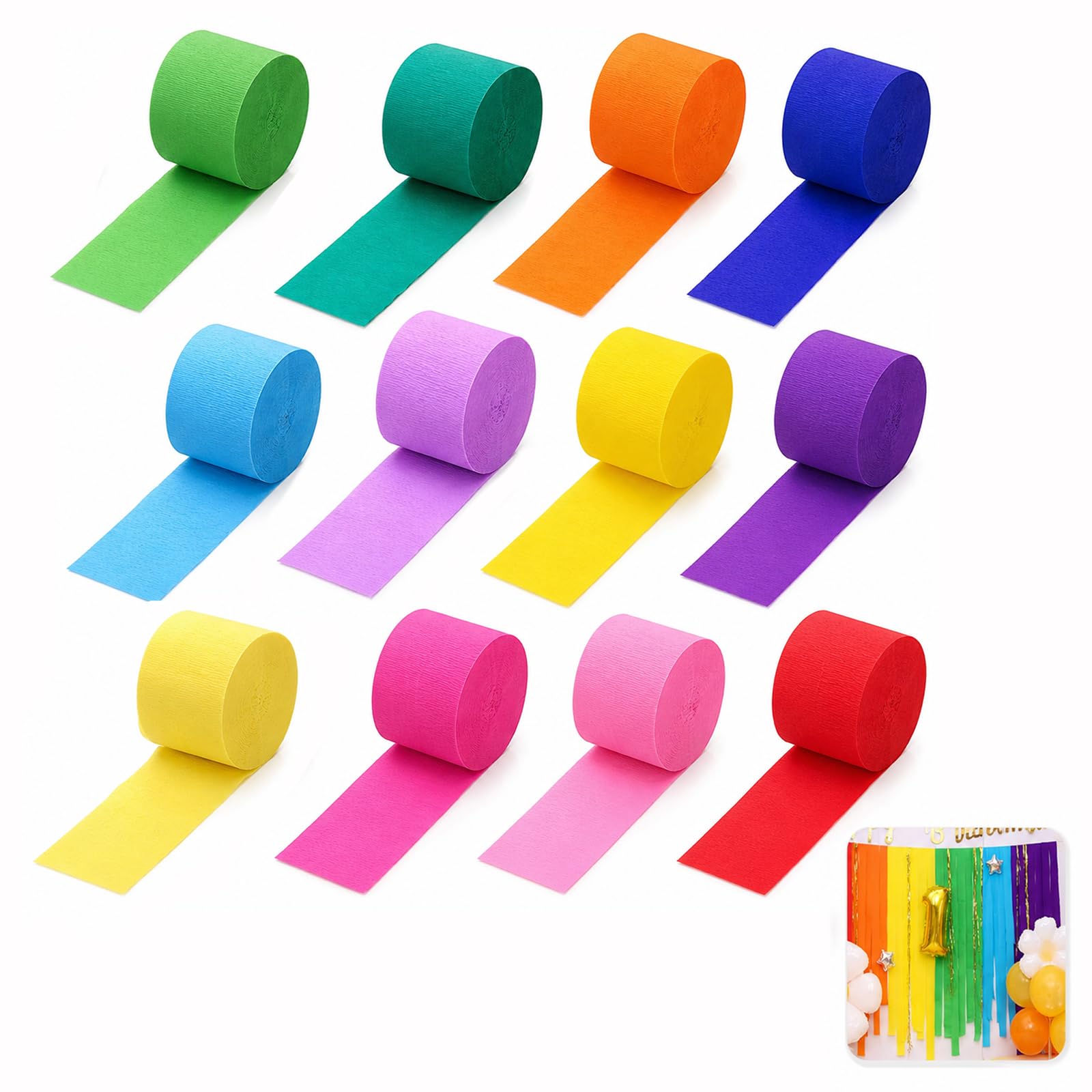 12 Pack Crepe Paper Streamers, 4.5cm x 25m Rainbow Hanging Streamers