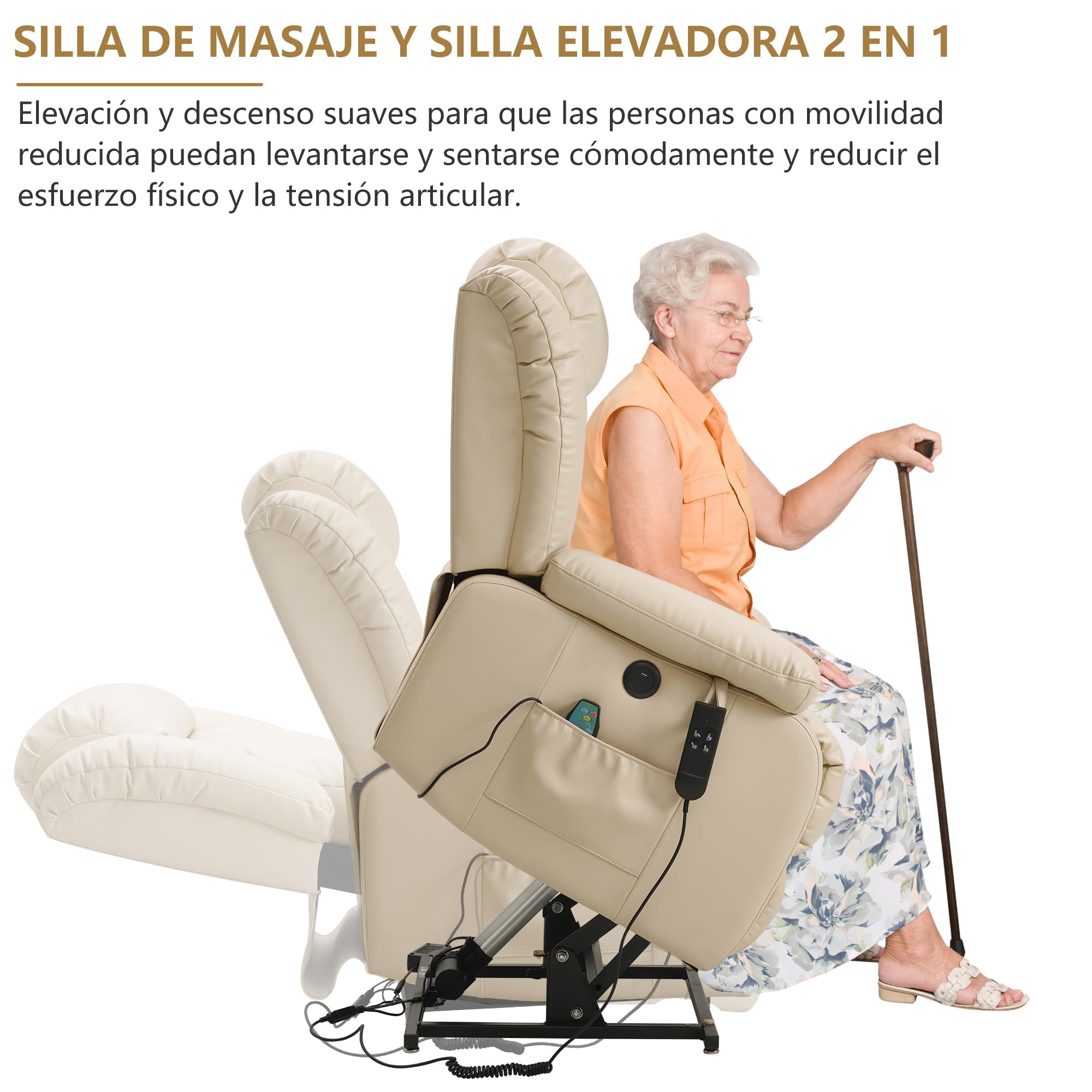 DUANDUAN Sillón Relax eléctrico con 2 Motores y Ajuste Continuo, función de reclinación de 180°, función de Cama, función de Masaje, Ayuda para levantarse, vibración y calefacción (Beige)