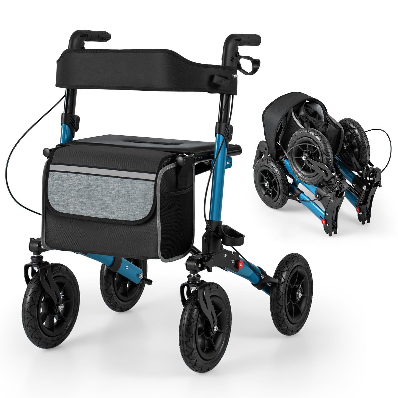COSTWAY Rollator mit Luftbereifung, faltbar und leicht mit Sitz, Aluminium, bis 140 kg, 2 in 1 Rollstuhl & Reiserollator, Gehhilfe 7-fach höhenverstellbar, Gehwagen mit Tasche & Stockhalter (Blau)