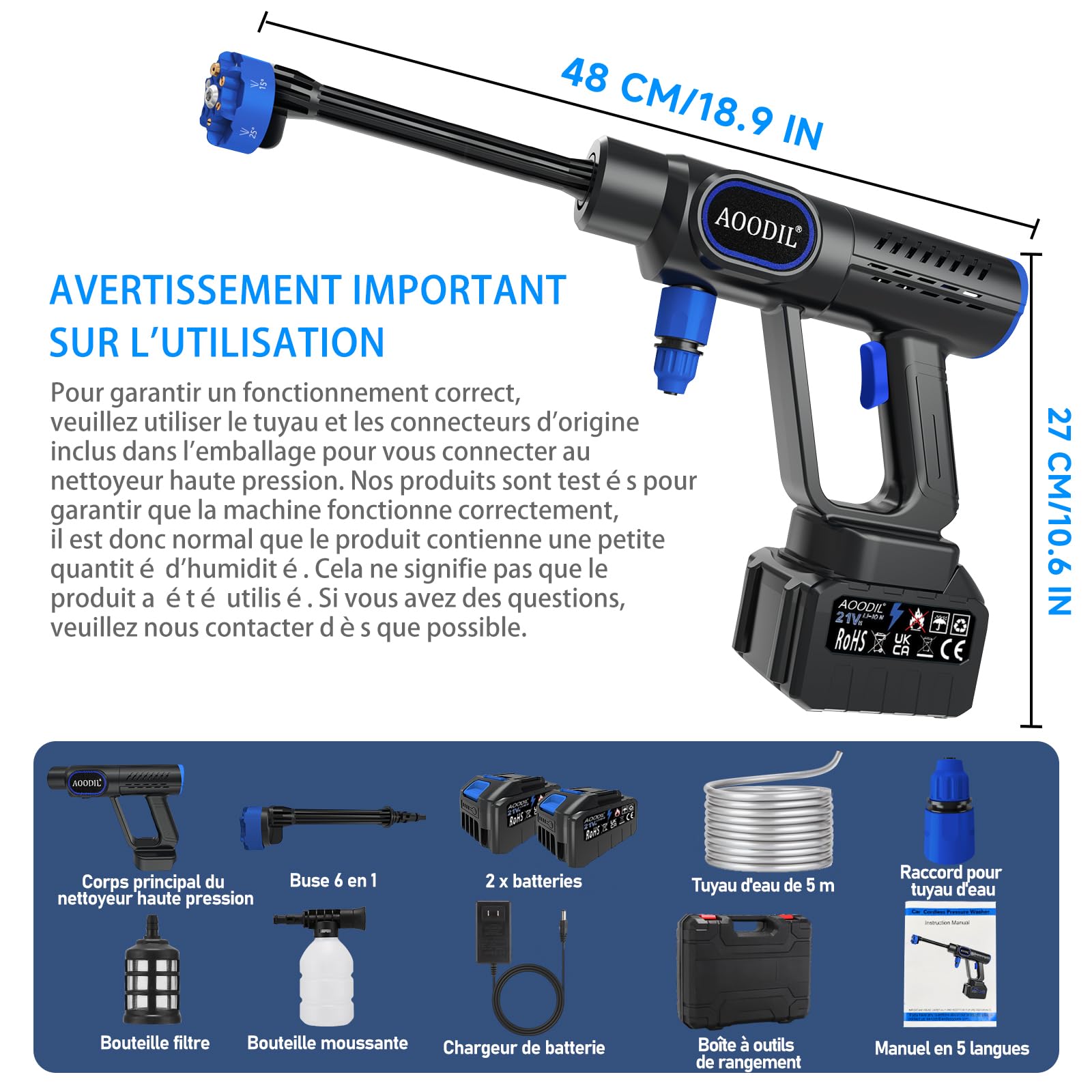 Nettoyeur Haute Pression sans Fil, 1200 PSI Nettoyeur Haute Pression Portable avec Buse Réglable 6 en 1, Pistolet Haute Pression avec 2 Batteries (JH-19 Bleu)