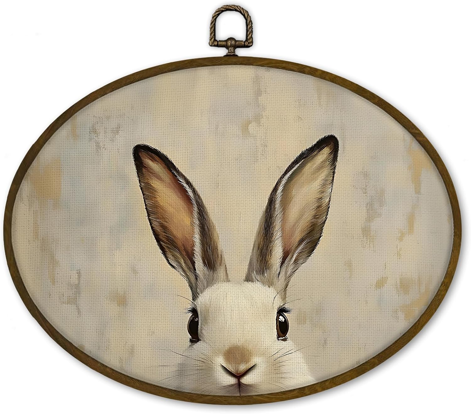 nvucamd Vintage Bunny Oval Wall Art Decor Framed, Classic Rabbit Canvas Prints Wall Art, Retro Farmhouse Easter Bunny Gifts Hanging Decor for Home Bedroom Bathroom Nursery, 11.3x8.7 Inches