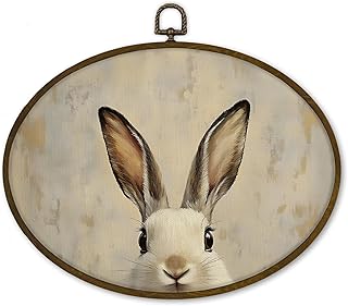 nvucamd Vintage Bunny Oval Wall Art Decor Framed, Classic Rabbit Canvas Prints Wall Art, Retro Farmhouse Easter Bunny Gifts Hanging Decor for Home Bedroom Bathroom Living Room, 11.3x8.7 Inches