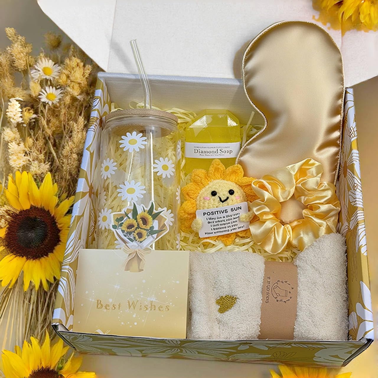 XMCHJY Gift Baskets for Women -Unique Gift Basket Set & Sunshine Box Care Package, Festive-Ready Golden Uplifting Gift Set forMom Wife Sister Friends Teen Girls 7-Piece