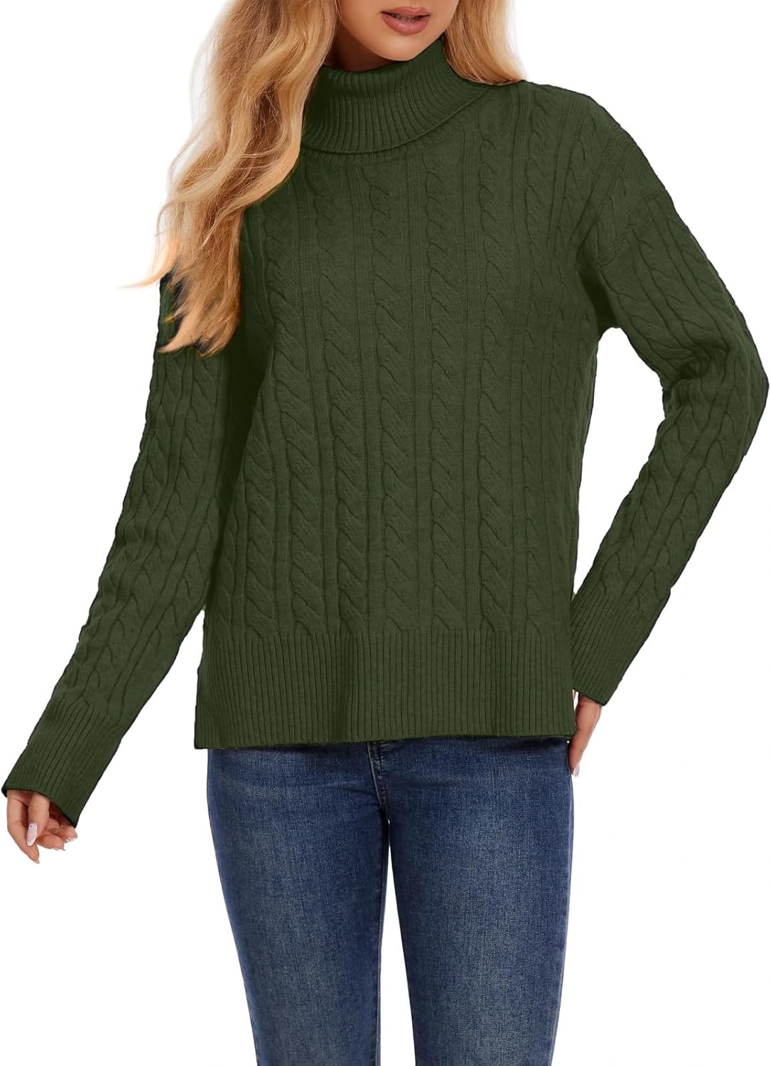 ZANZEA Turtleneck Sweater Women Long Sleeve Oversized Pullover Spilt Hem Chunky Cable Knit Jumper Fall Sweaters 2025