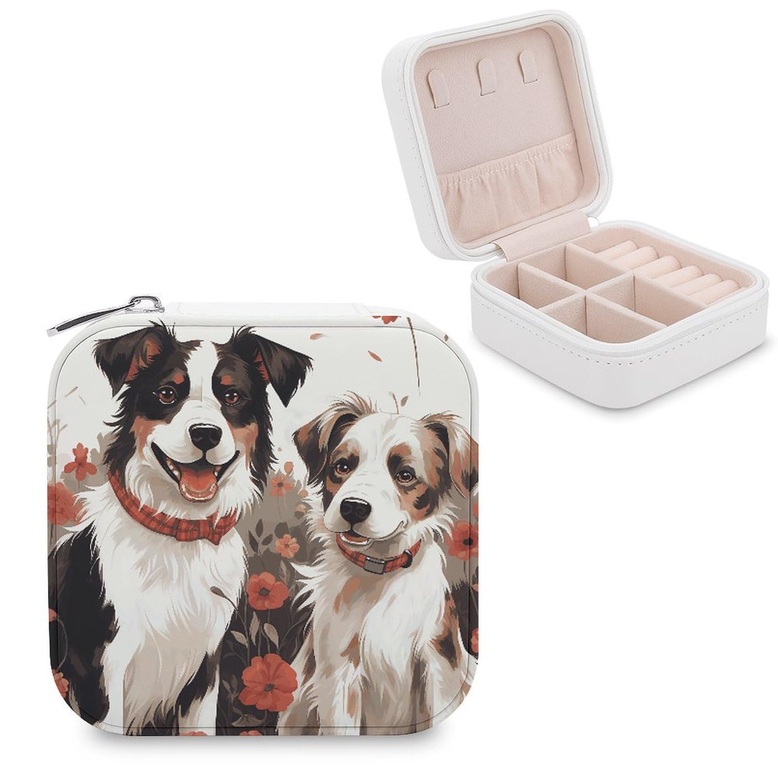 JTREHY Travel Lovely Dogs Jewelry Case Portable Display Storage Box PU Leather Mini Jewelry Travel Case Personalized Travel Jewelry Organizer Small Jewelry Box for Women