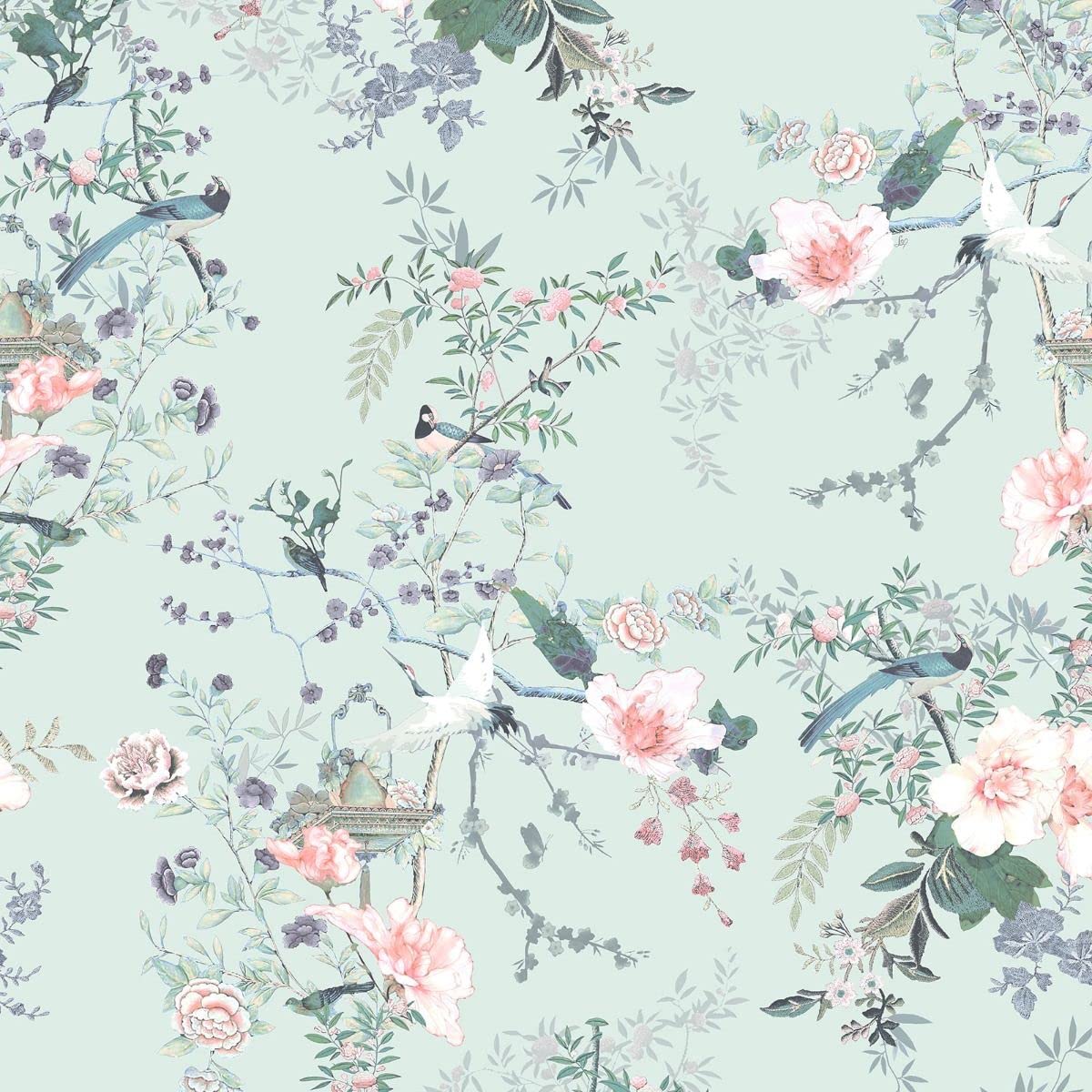 Muriva Lipsy Ophelia Wallpaper - Modern Wallpaper for Living Room, Bedroom, Fireplace - Decorative Luxury Nature Wall Paper with Birds & Cherry Blossom Trails (Soft Pink, Green & Duck Egg)