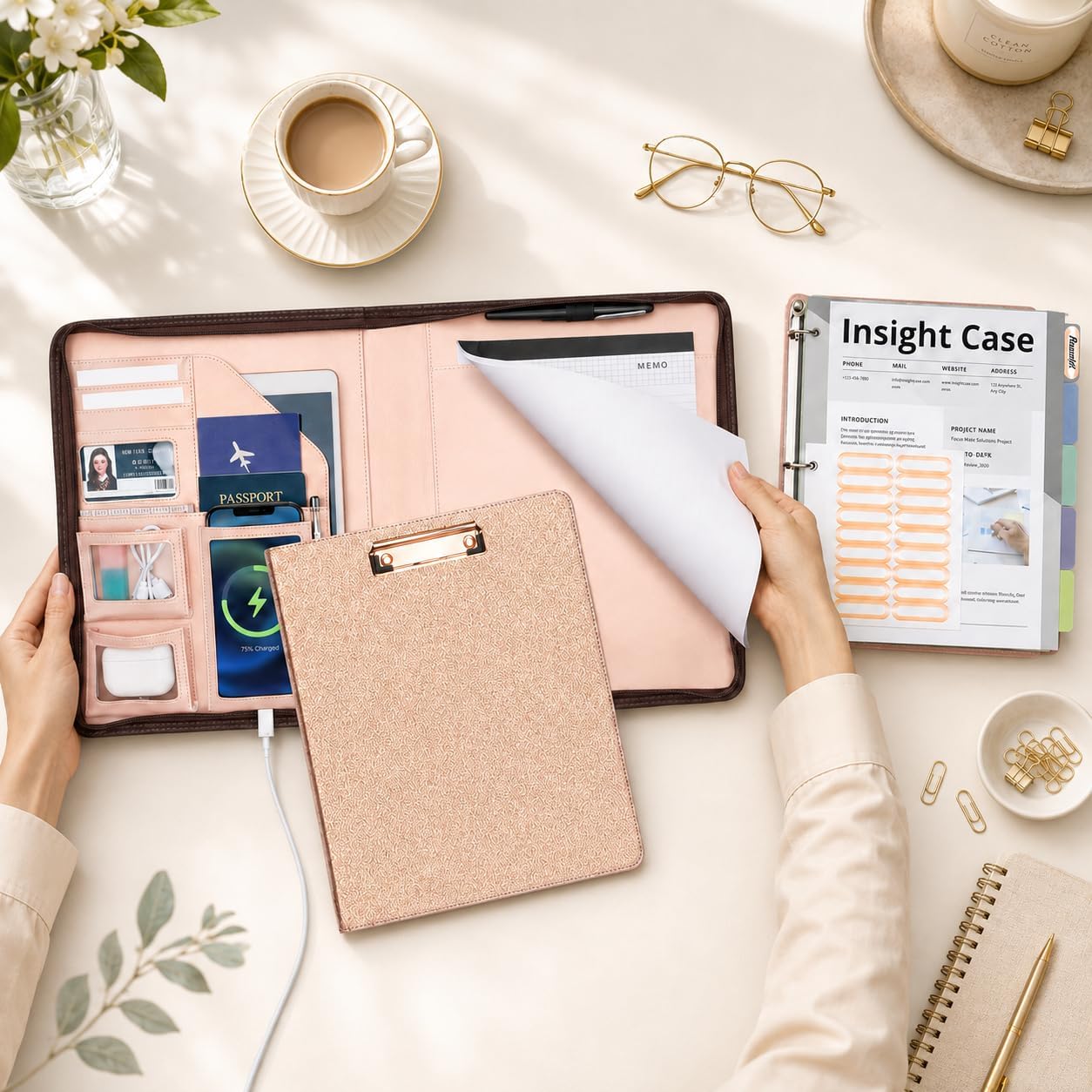 Leather Padfolio Portfolio with Clipboard Storage, Removable 3 Ring Binder 1 Inch Zipper Binder, Document Organizer for Women Men with Notepad, 5 Pocket Dividers, Pen Holder, Rose Gold image 2