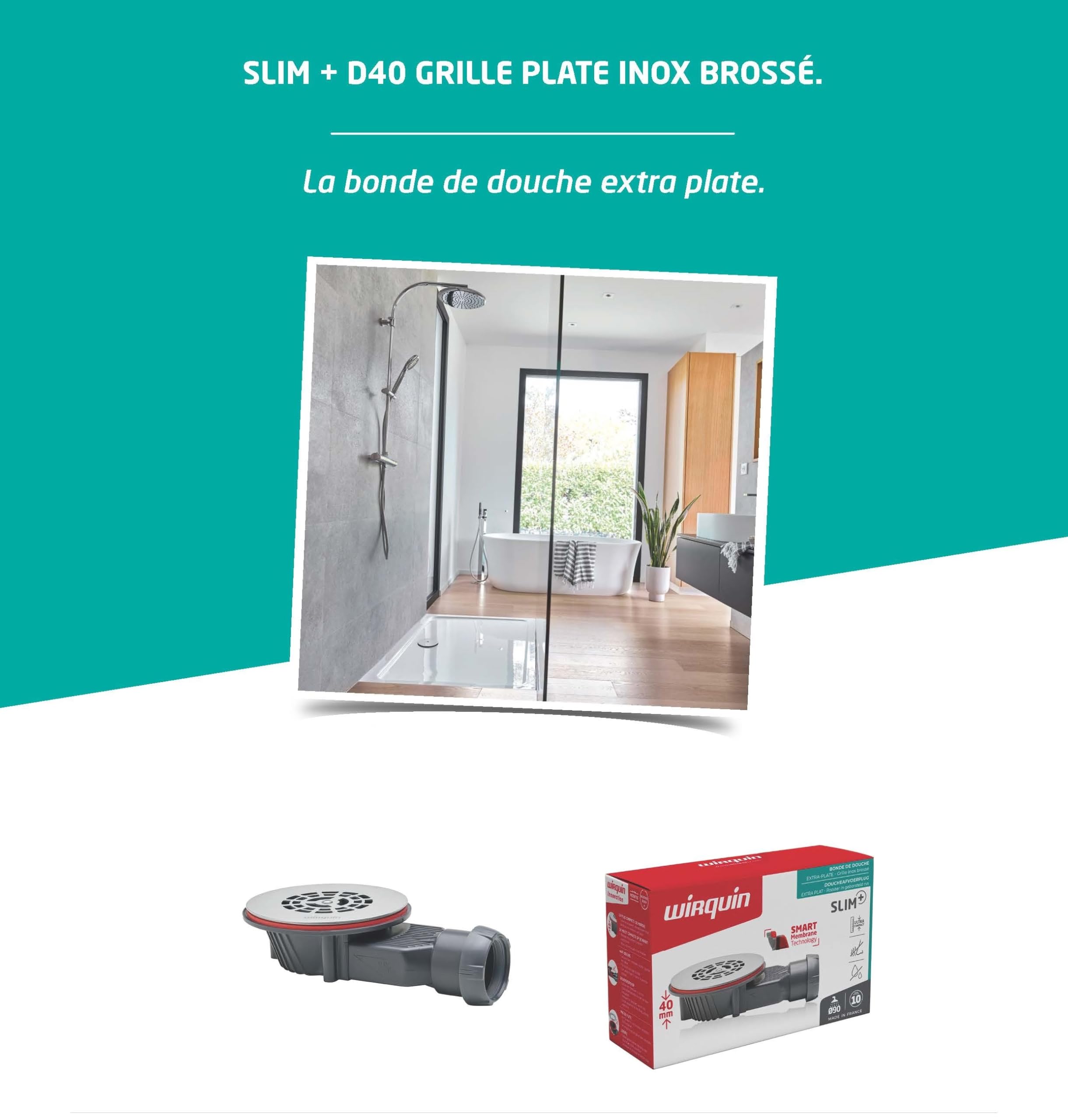 Wirquin Slim+ Duschablauf, extraflach, Ø 90 mm, SMART Membran, Gitter, flach, gebürsteter Edelstahl
