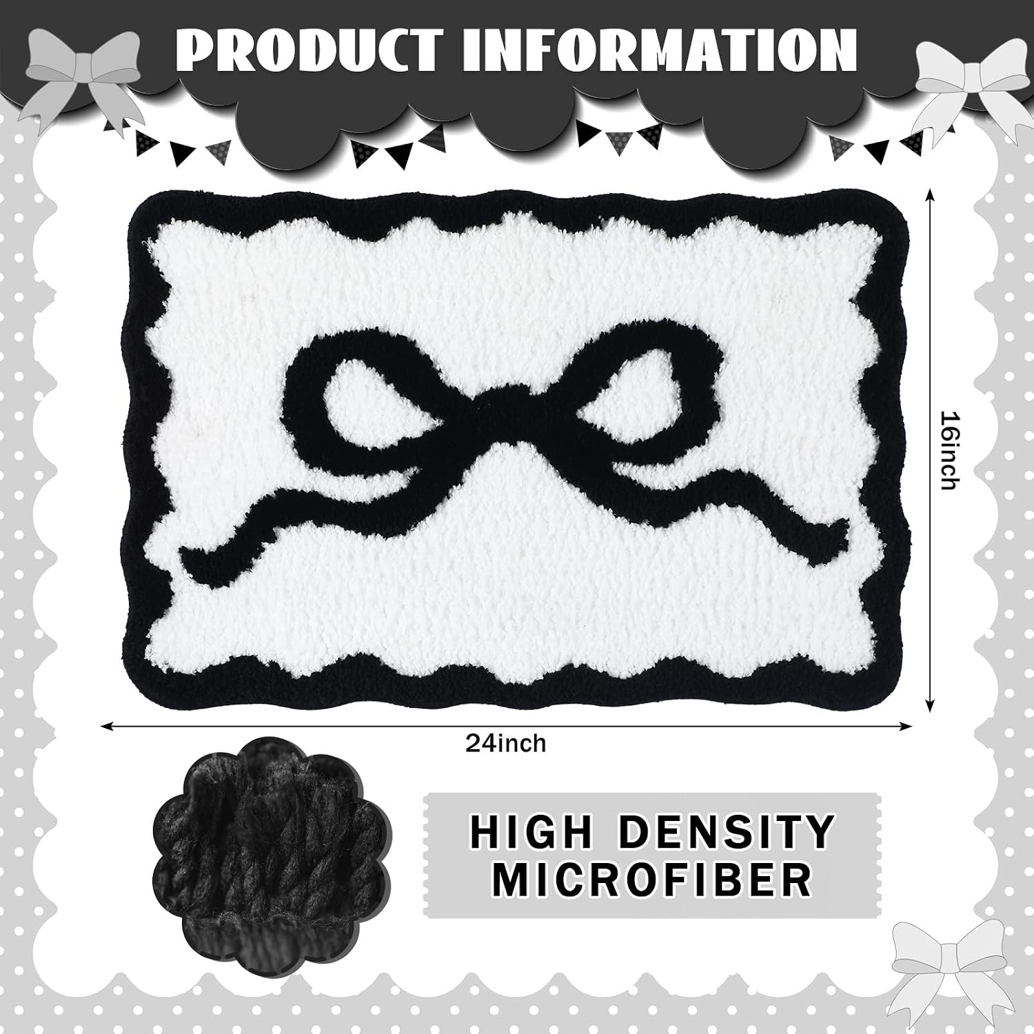 Tinideya Black Bow Bathroom Rug 16" x 24" Scalloped Bow Bath Mat image 2