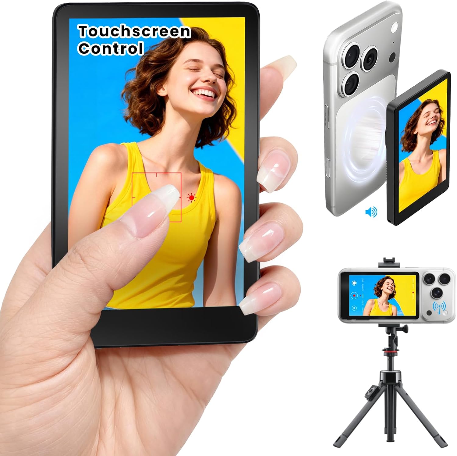 Wireless Selfie Monitor Screen for iPhone Magnetic Back Camera – Real-Time 4K Live Preview for Livestreaming Product Demos Online Teaching Solo Vlogging – Portable HD Ultra-Clear Sharp Pro+