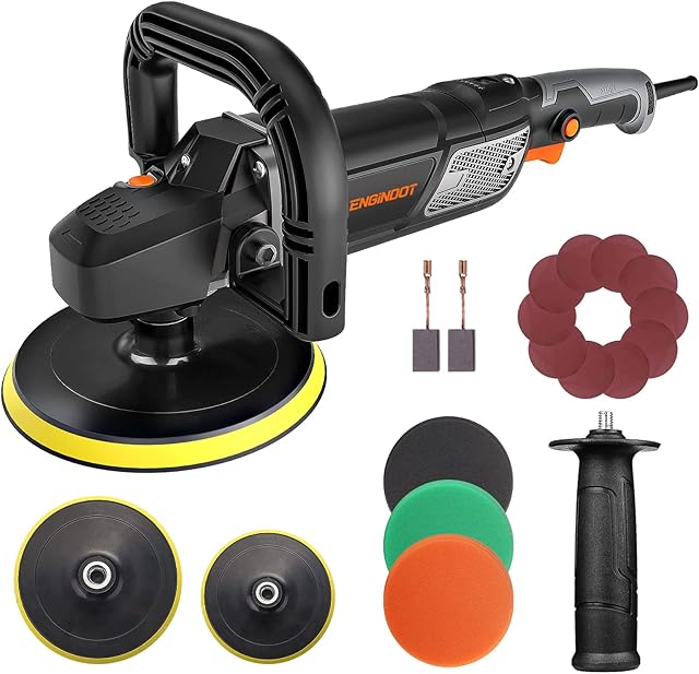 Car Polisher,ENGiNDOT 1500W Rotary Car Buffer Polisher Waxer,6 Speed 600-3000RPM,180/150 mm Plate,Detachable D-Handle & Side Handle, Soft Start, Self-lock, 3 Foam Pads, for Polishing and Waxing
