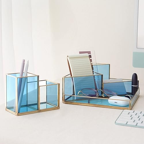 Miniatura 8 de FONDAZZA Organizador de escritorio decorativo de 4 compartimentos para suministros de oficina en casa, latón dorado con vidrio teñido azul, tela