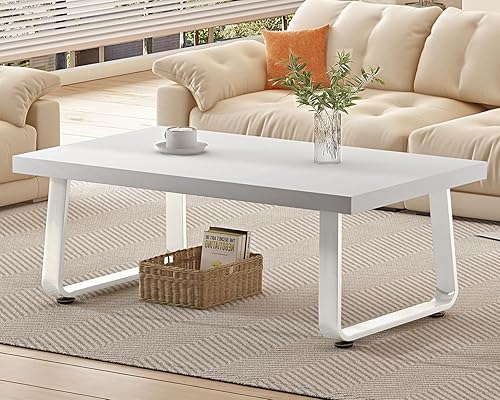 HSH Mesa de centro blanca, moderna y simple, mesa de sala de estar, mesa central de madera industrial y patas de metal para dormitorio, mesa de café