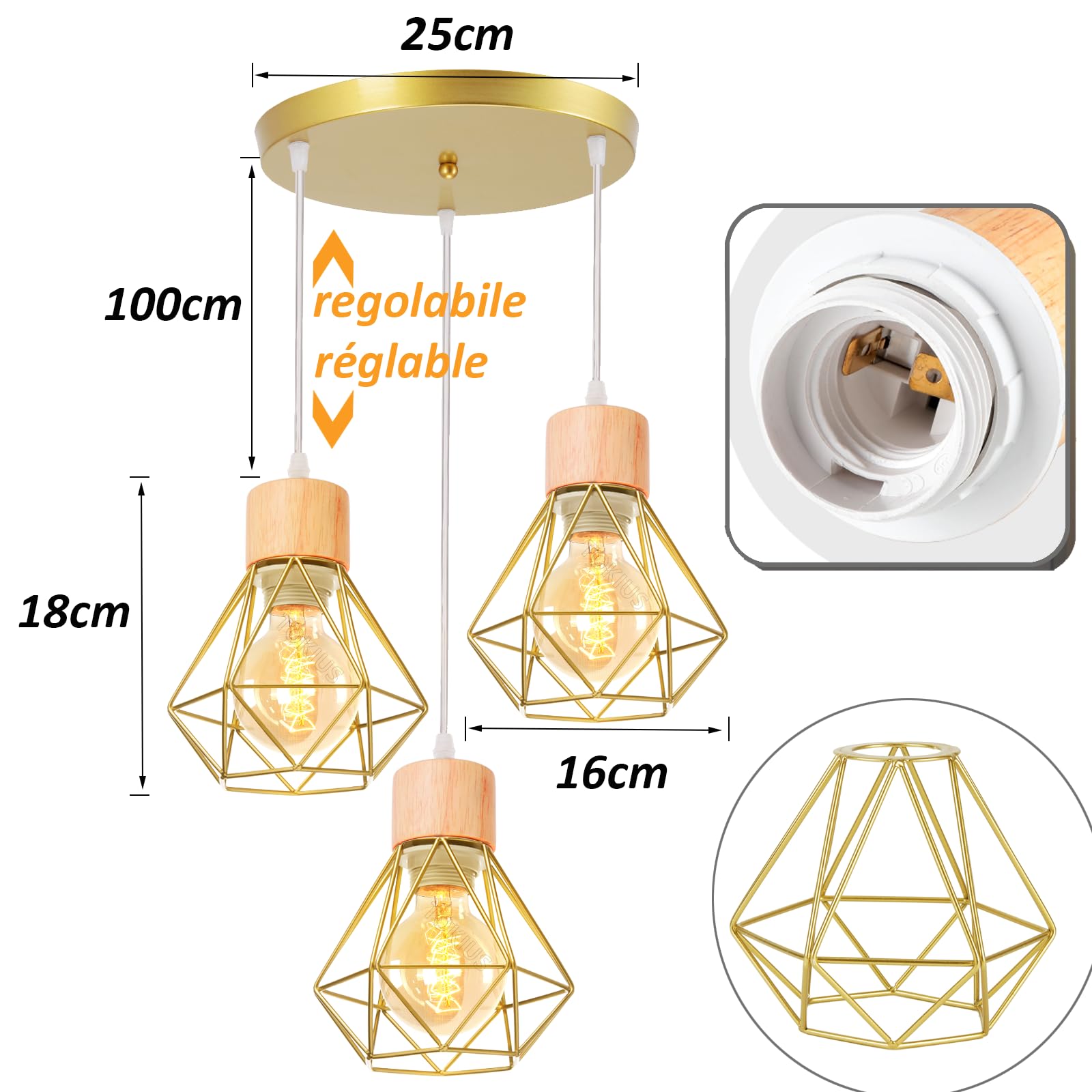 3 luci Lampada a Sospensione Industriale E27 Plafoniera Retro in Metallo e Legno Ø160mm Lampada da soffitto Gabbia Diamanti Oro Design per Cucina Salotto