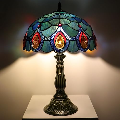 Miniatura 9 de Tiffany Lamp Stained Glass Table Lamps Sea Blue Peacock Tail Style Desk Lamp 12X12X18.5 Inch Bronze Ceramic Base Reading Light Suitable for Bedside
