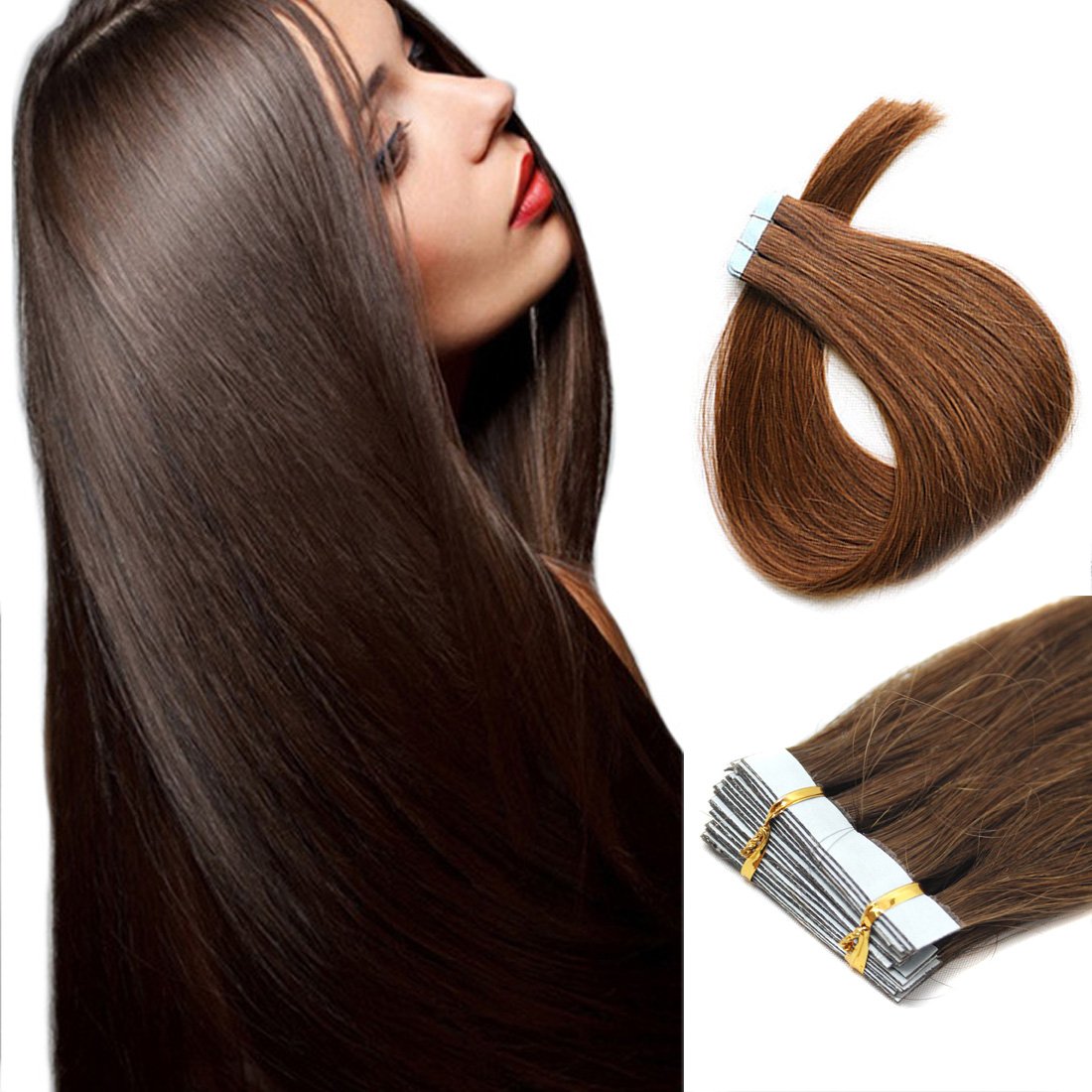 16"-24" 20Pcs Pu Tape in Skin Weft Human Hair Extensions Straight AAAAAAA Remy Hair (18Inch, Medium Brown)