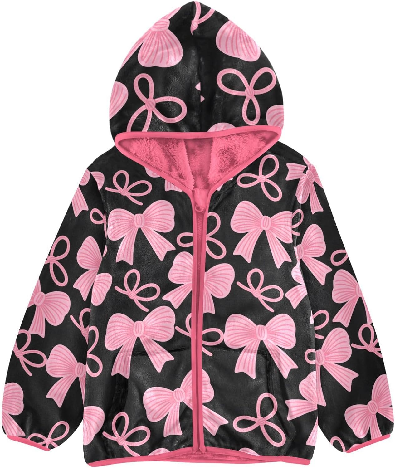Girls Hoodie Outfit Pink Bow Pattern Black Zipper Sweatshirt Coat Fleece Jacket for Kids 3-10T