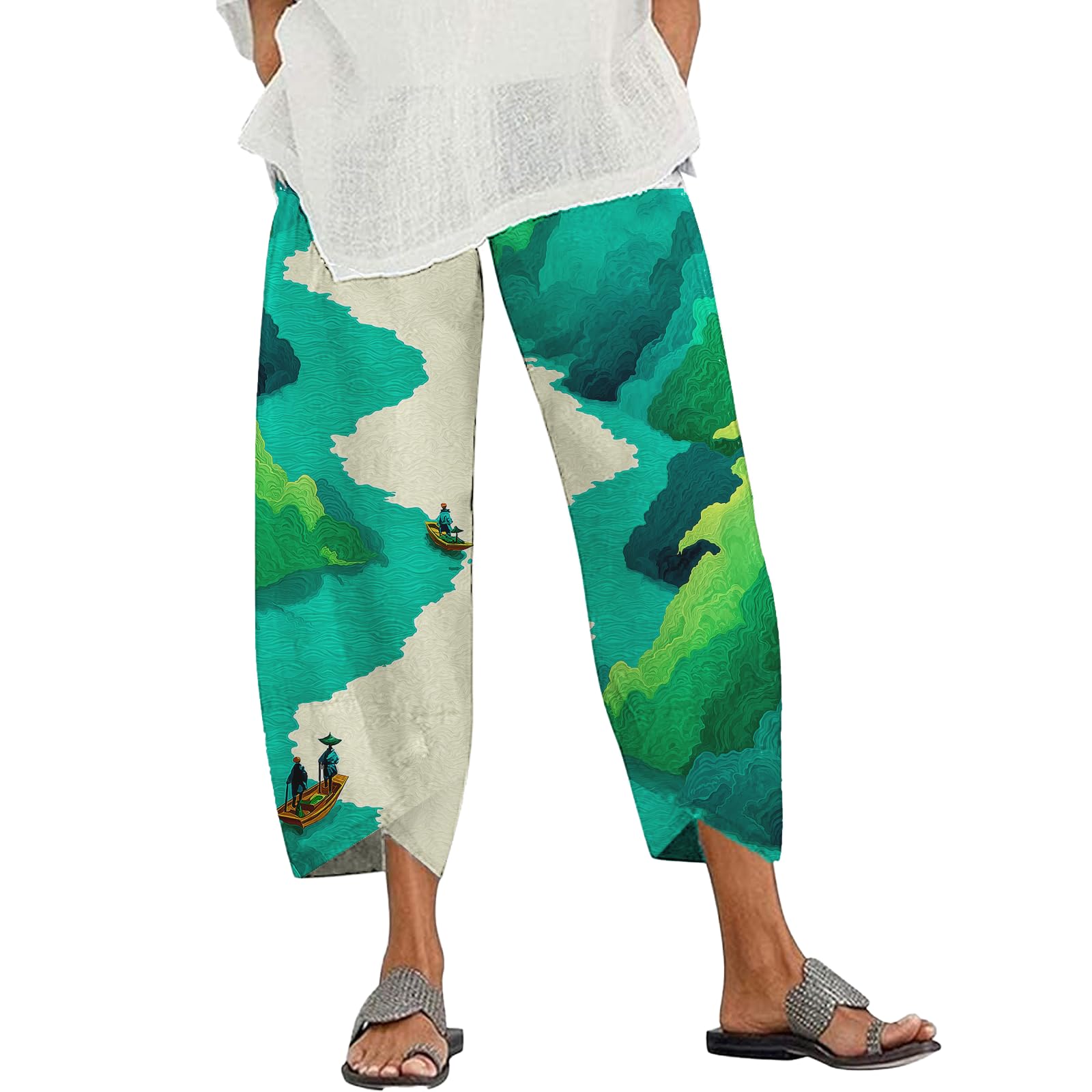 Womens Wide Leg Pants Japanese Art Print Trousers Summer High Waist Elastic Baggy Cropped Capri Pants with Packets