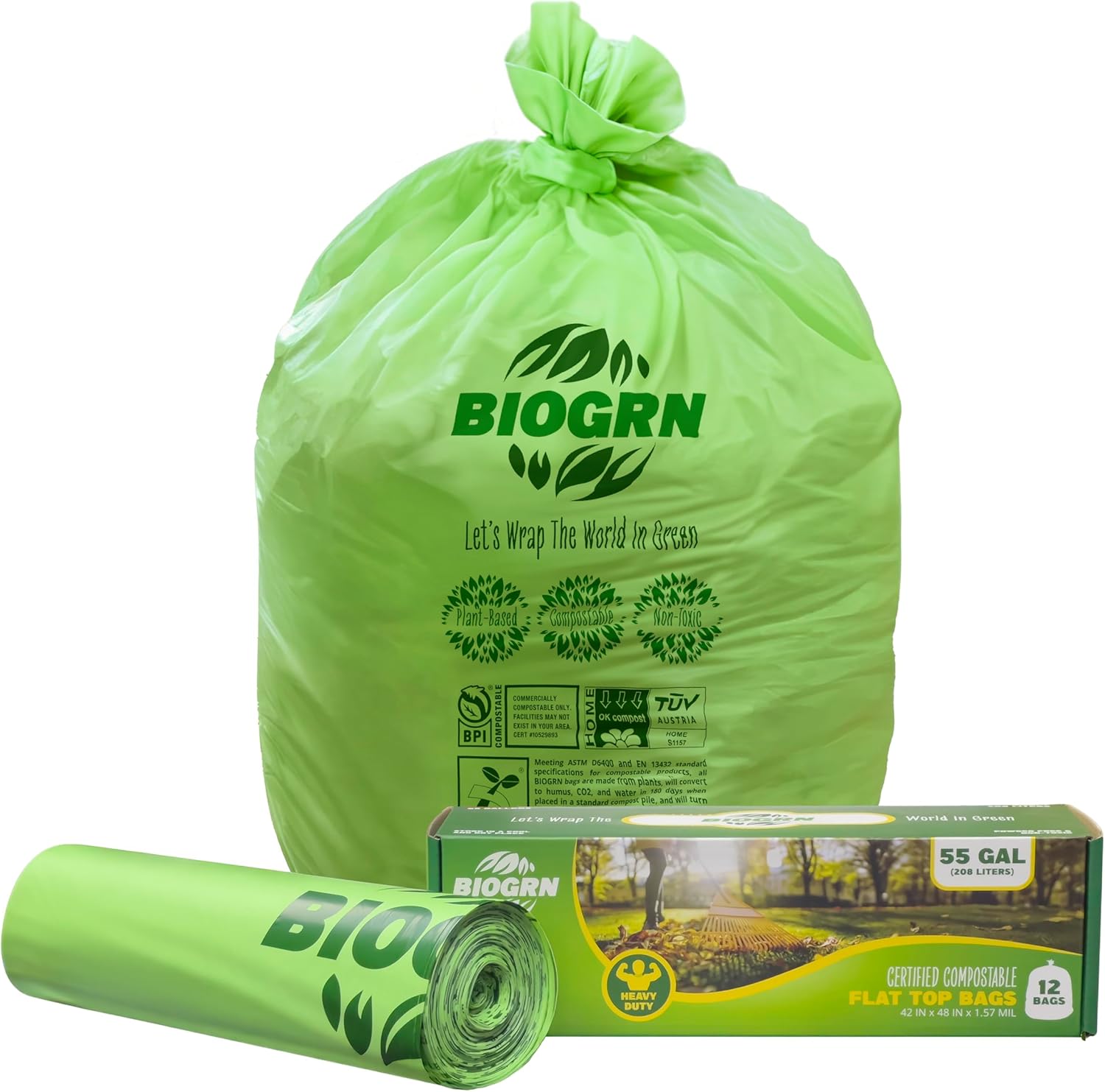 55 Gallon Compostable Trash Bags Flat-Top, Heavy Duty Extra Thick 1.57 Mil, 208.2 Liter, 12 Bags, Large Lawn and Yard Waste Bag, ASTM D6400, US BPI and OK Compost Home Certified