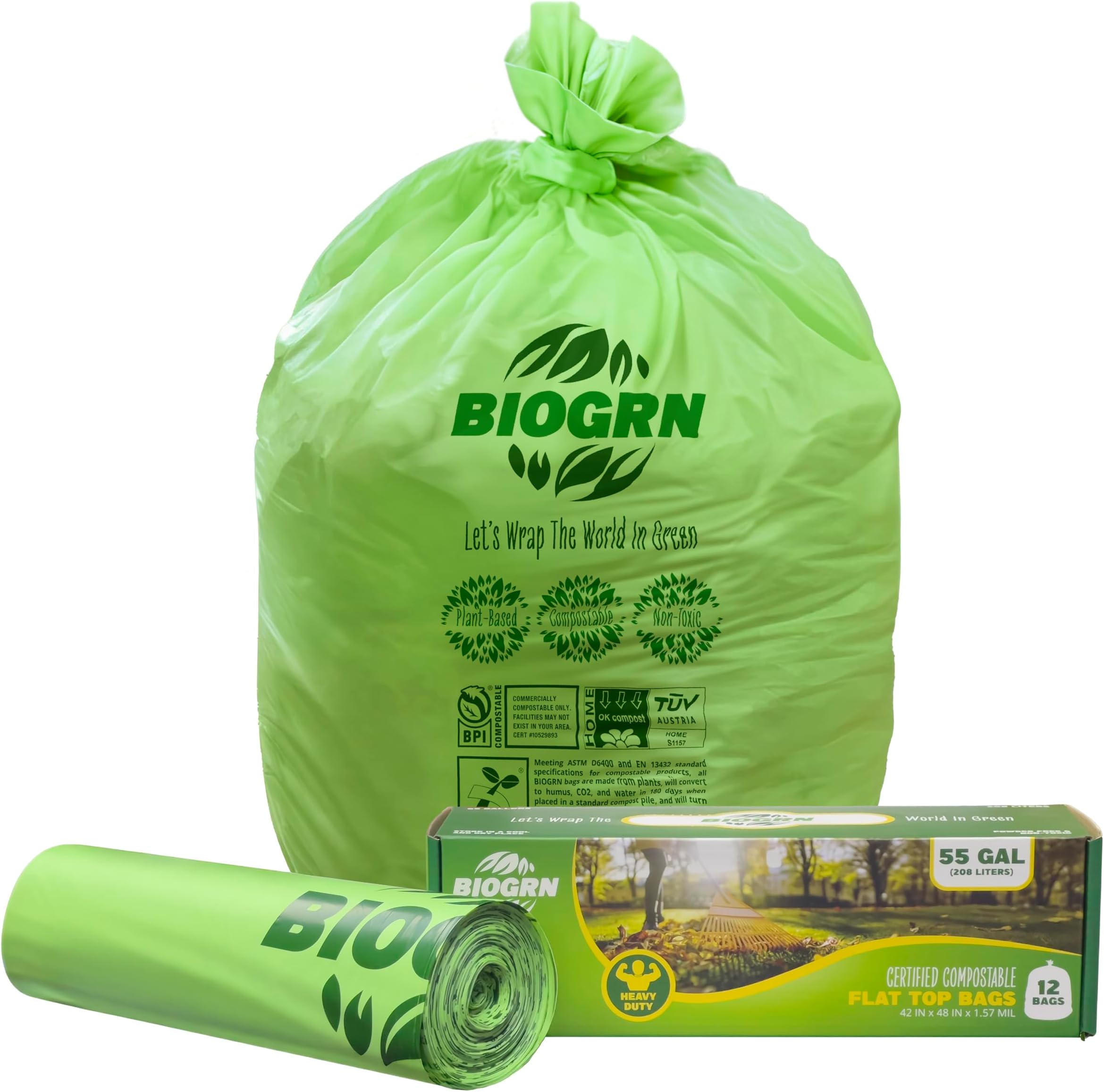55 Gallon Compostable Trash Bags Flat-Top, Heavy Duty Extra Thick 1.57 Mil, 208.2 Liter, 12 Bags, Large Lawn and Yard Waste Bag, ASTM D6400, US BPI and OK Compost Home Certified