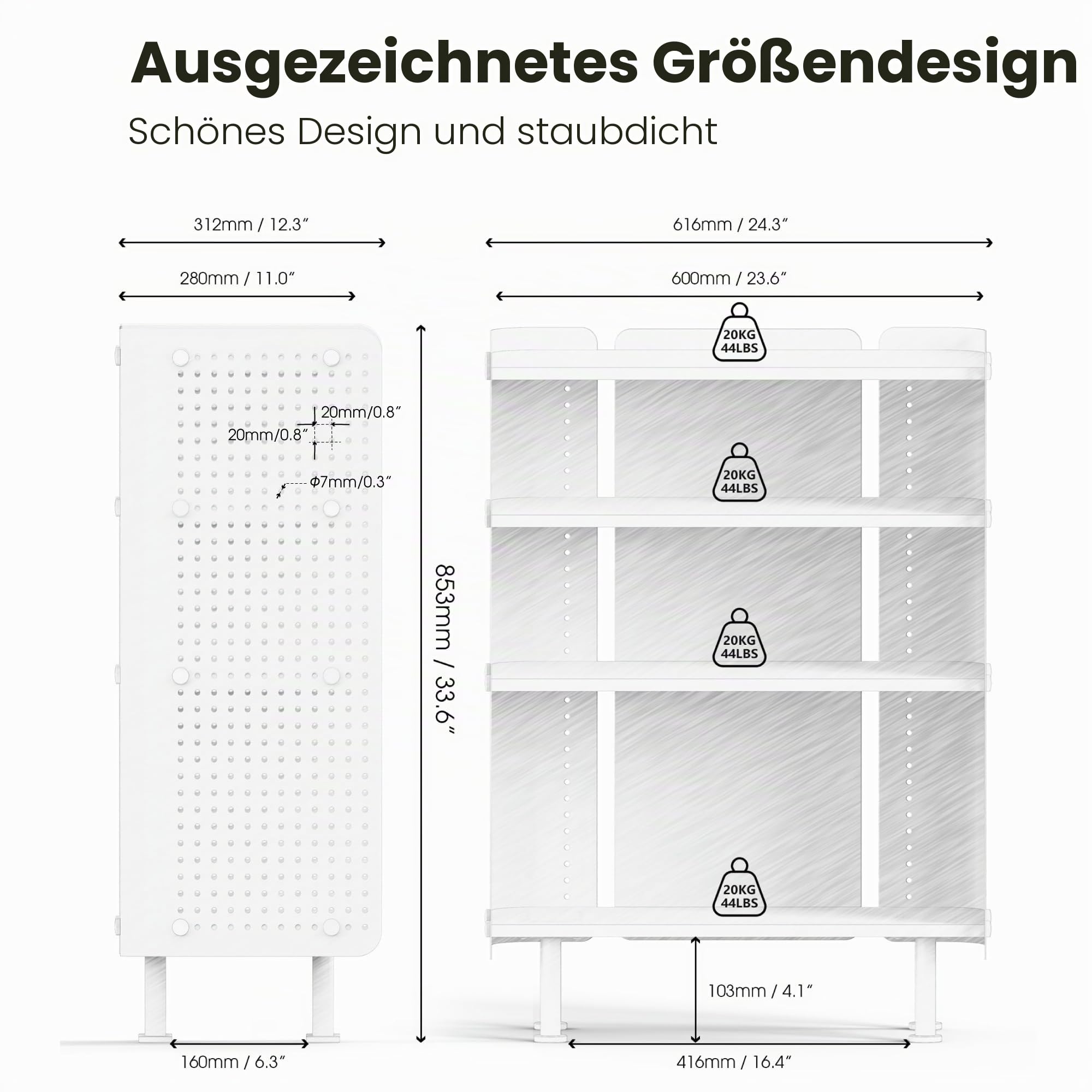 Fenge 4 Etagen Bücherregal Modern Lagerregal mit Pegboard Multifunktionales Lagerschränke mit Verstellbarem Regal für Wohnzimmer, Schlafzimmer, Heim, Büro (Weiß)