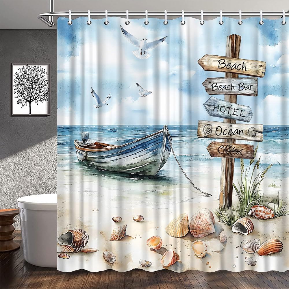Nautical Coastal Shower Curtain Ocean Beach Boat Seagull Shell Conch Wild Weeds Sea Wave Seascape Seasides Sailboat Blue Teal Bathroom Decor Polyester Fabric Curtains with Hook 80Wx70H Inches
