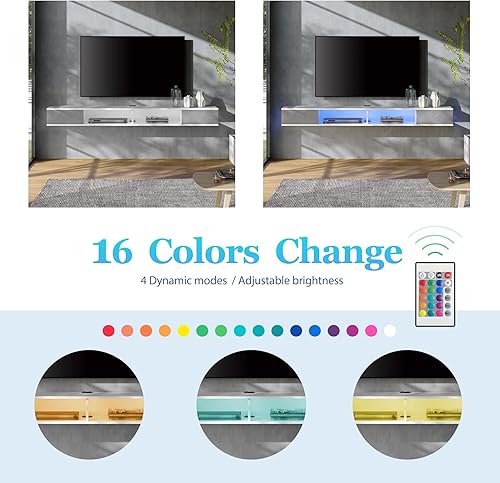 Miniatura 3 de WAMPAT Soporte flotante para TV con 16 luces RGB, centro de entretenimiento flotante de 70 pulgadas de hasta 80 pulgadas, montado en la pared debajo