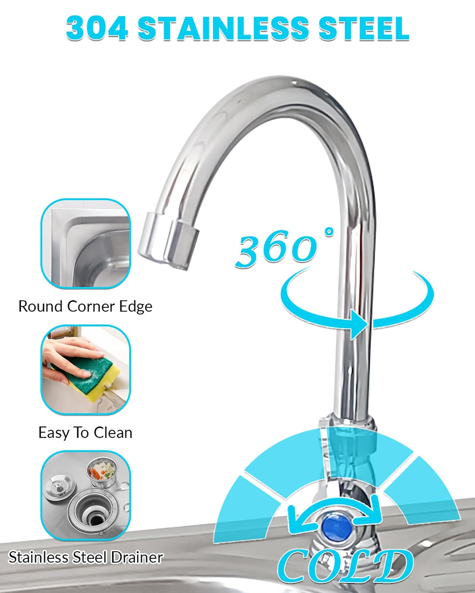 Évier Inox De Cuisine Indépendant Évier Utilitaire Avec Robinet Et Étagères De Rangement Extérieur Évier De Jardin Avec Banc De Travail 2 Brosses En Éponge Evier De Commercial Pour Garage Buanderie(Si