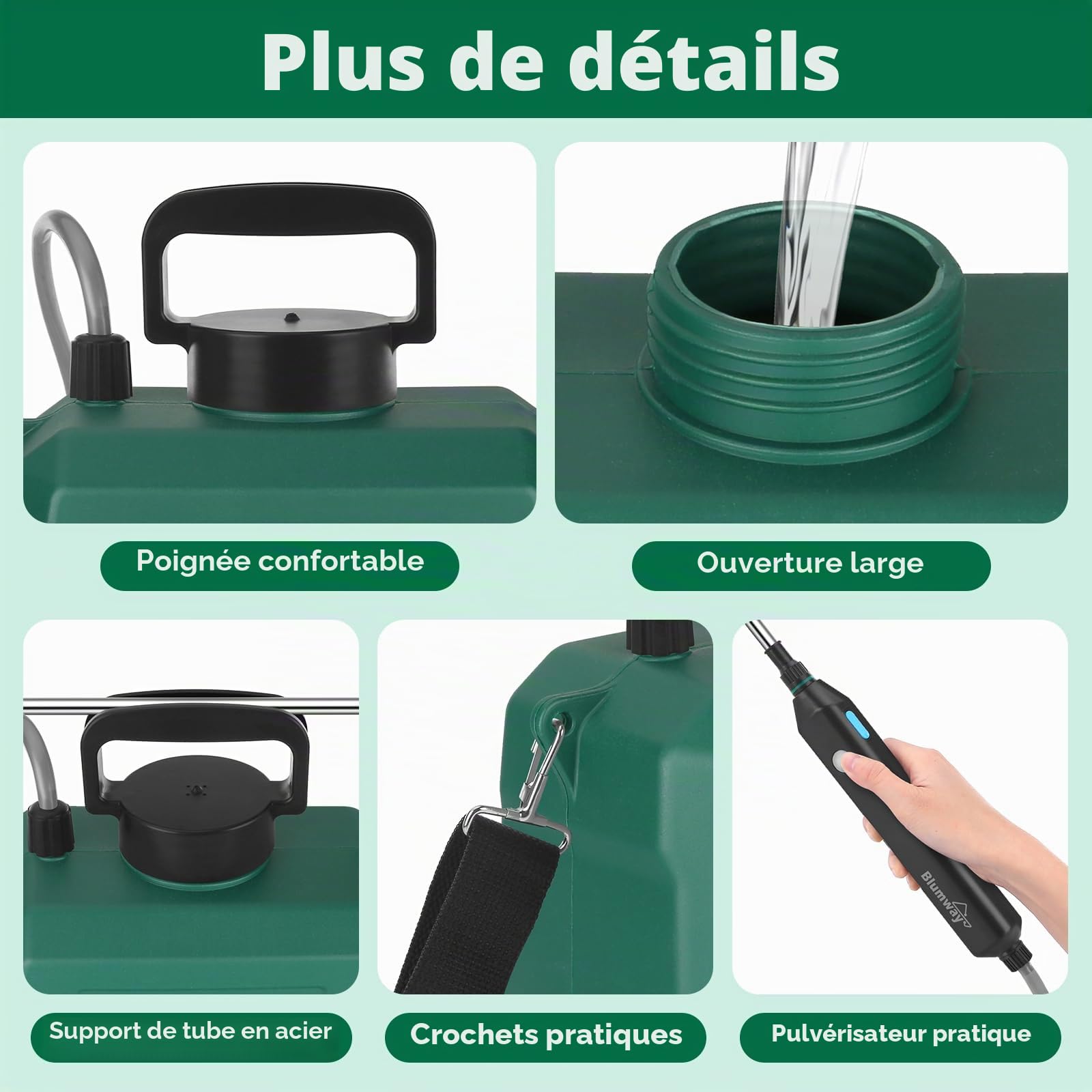 BlumWay Pulvérisateur électrique, 3 buses de brume, poignée rechargeable, manche rétractable, bandoulière réglable pour jardin et pelouse, Vert
