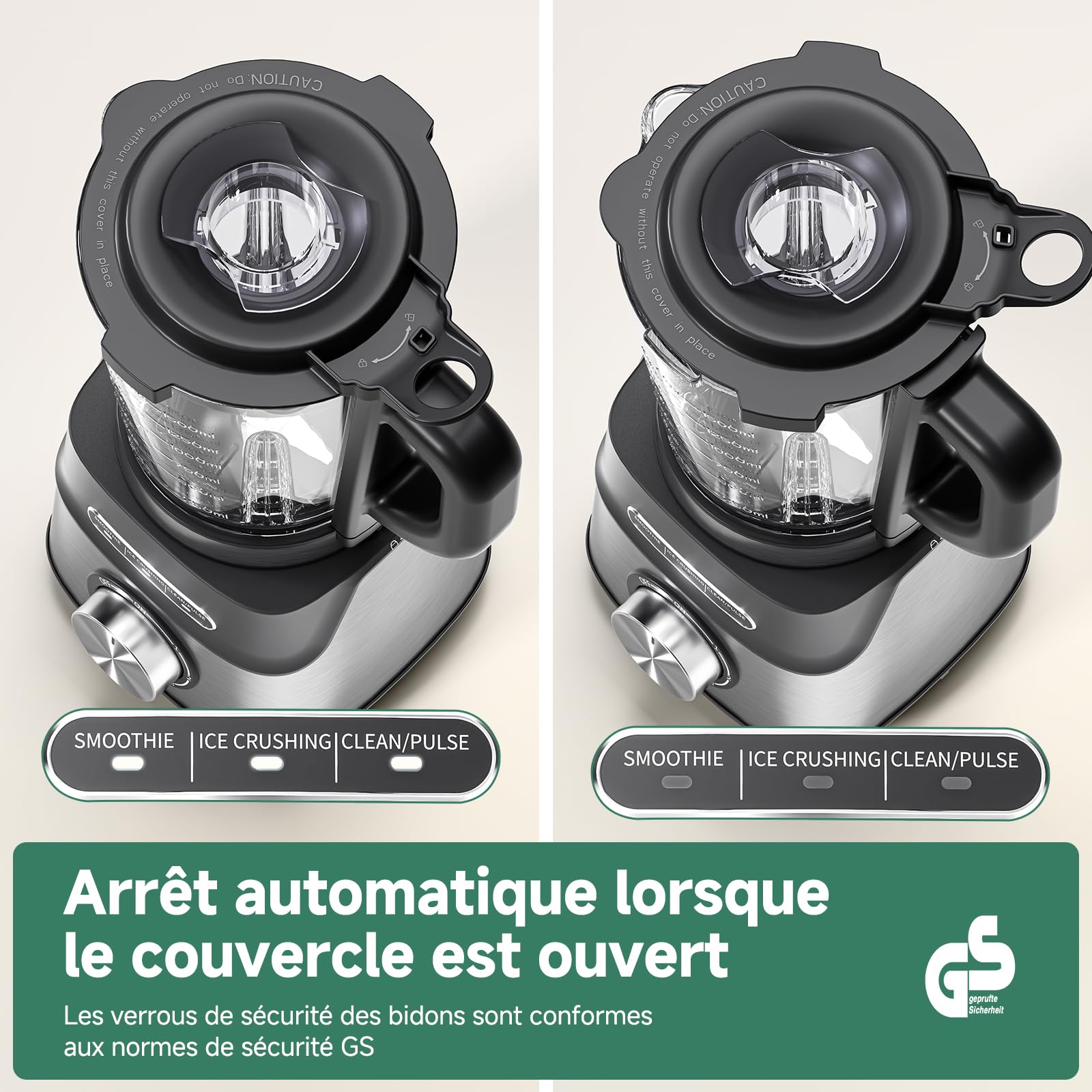 AMZCHEF Blender 1200W, Mixeur avec Bol en Verre 1,5L Résistant à la Chaleur, 5 Vitesses + Programmes Smoothie/Glace Pilée/Auto-Nettoyage, 6 Lames Inox, Pièces Lavables Lave-Vaisselle, Sécurité