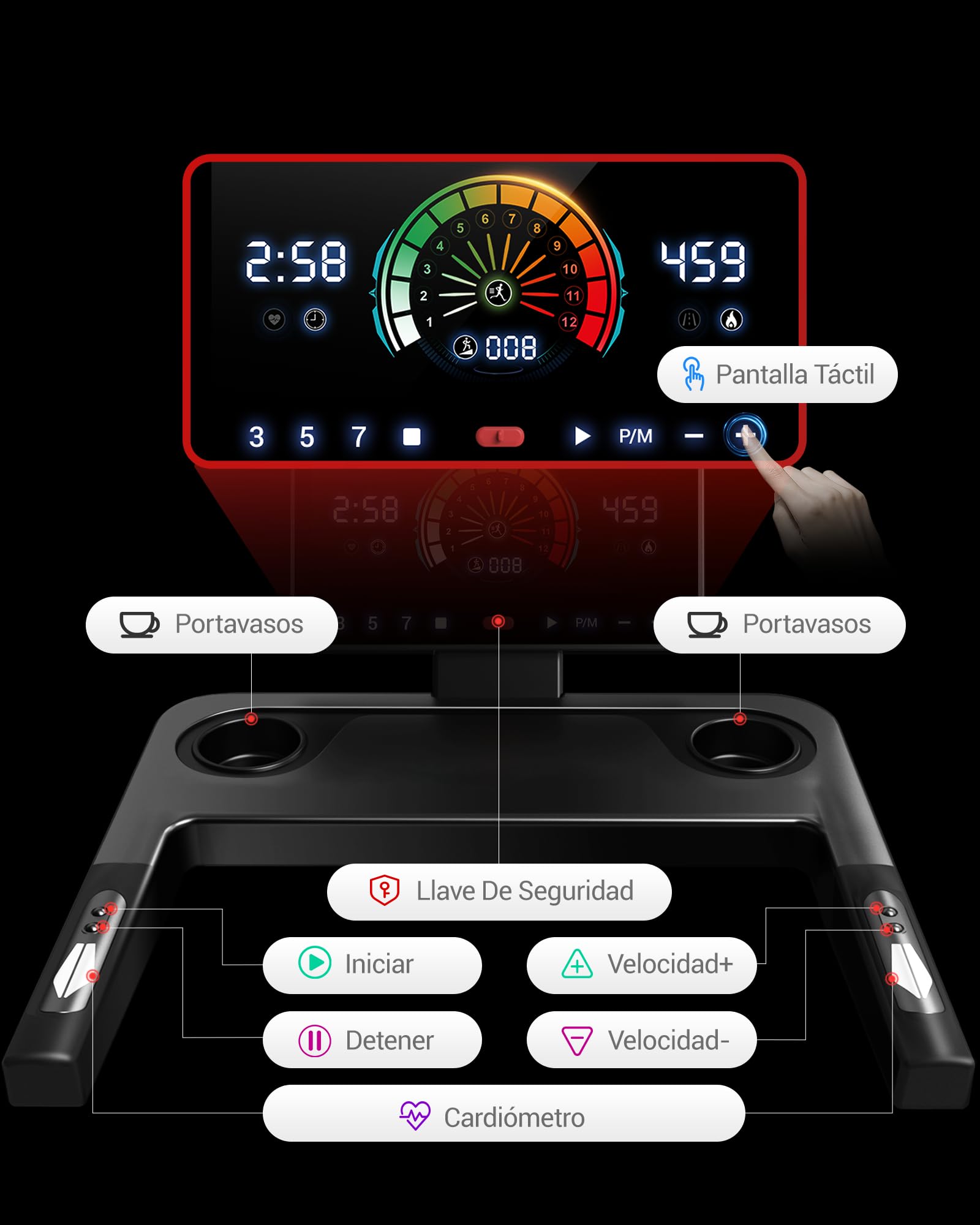CURSOR Cinta de Correr Plegable con Inclinación 16%, 14 KM/H, 180kg | Cinta de Andar con Frecuencia Cardíaca, 3.5HP Caminadora Electrica para Casa, LED, 180kg, Fácil Transporte