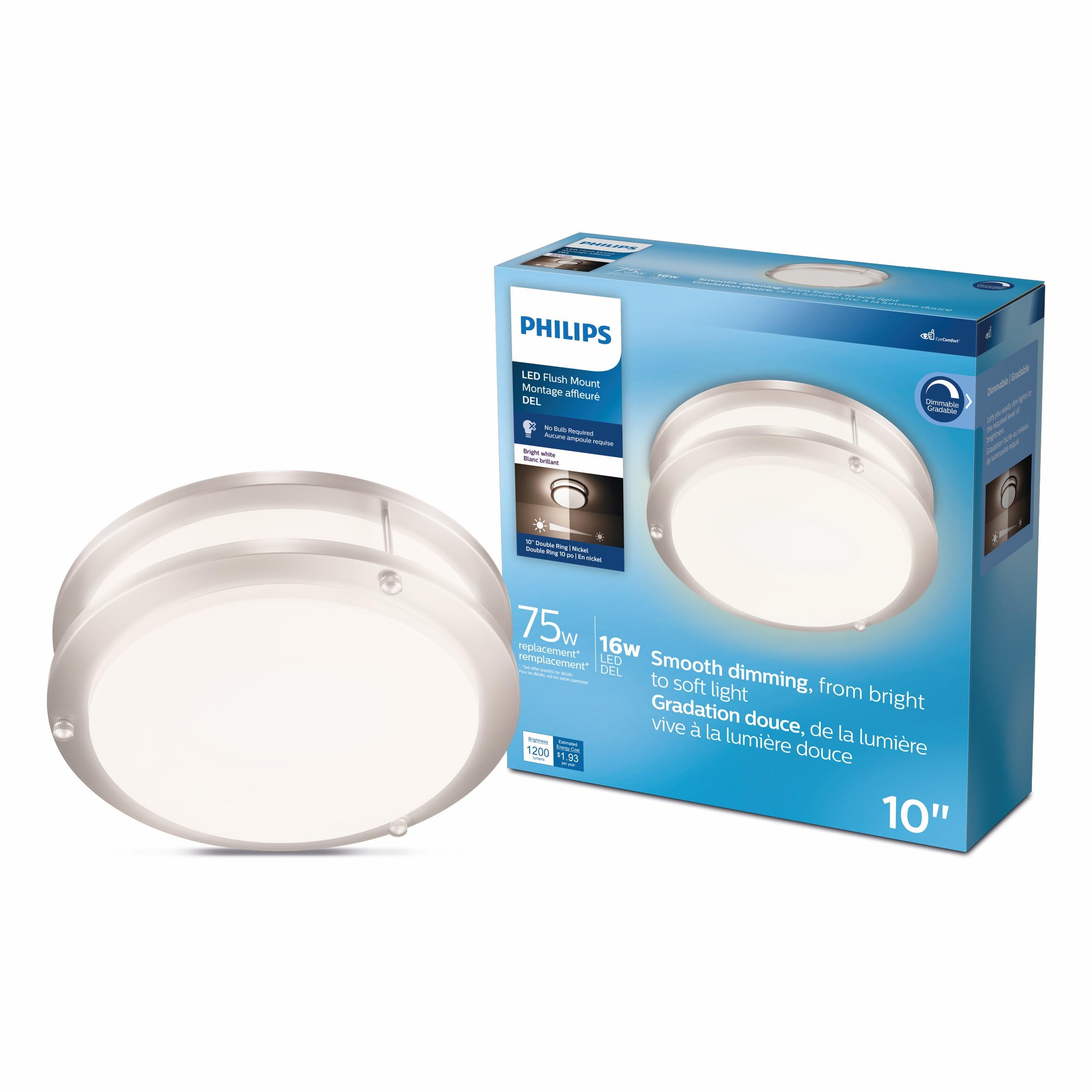 Philips LED Flush Mount Double Ring Ceiling Light 1-Pack Daylight (3000K) 1200 Lumen (16W = 75W) Dimmable Brushed Nickle No Bulbs Required